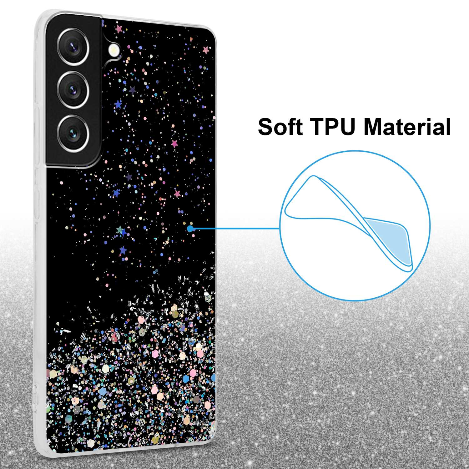 Custodia per telefono con sfondo nero glitterato e brillantini colorati.