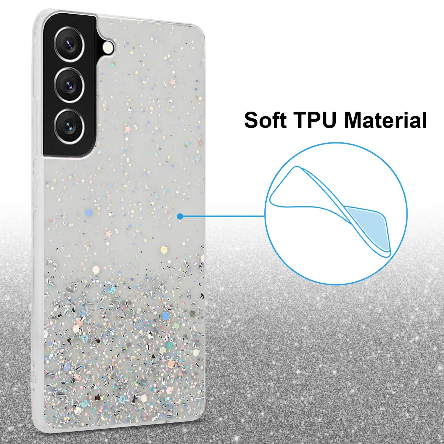 Custodia del telefono con glitter. Custodia del telefono bianca con glitter. Testo: Materiale TPU morbido.