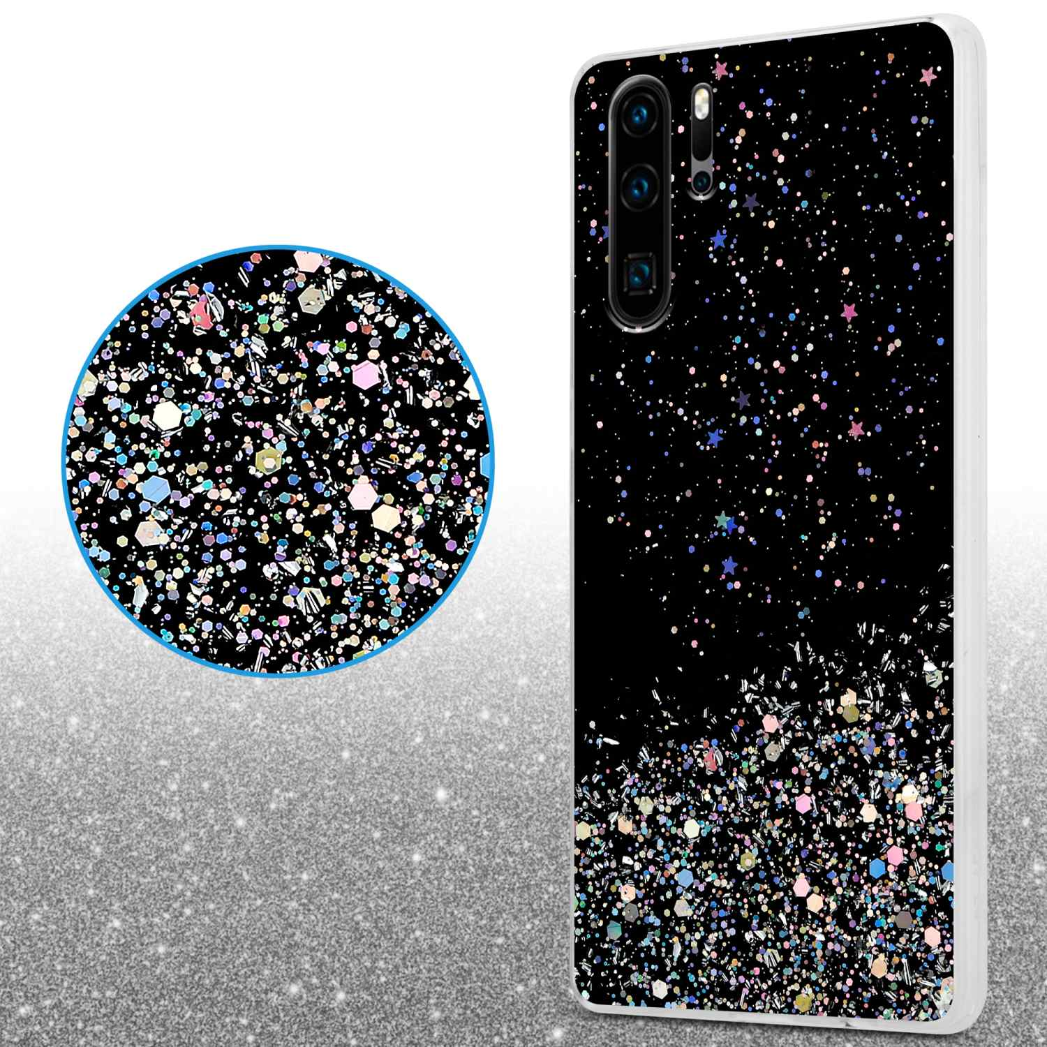 Schwarze Handyhülle mit glitzerndem Design auf der Rückseite. Eine Nahaufnahme zeigt ein glitzerndes Muster in einem Kreis.