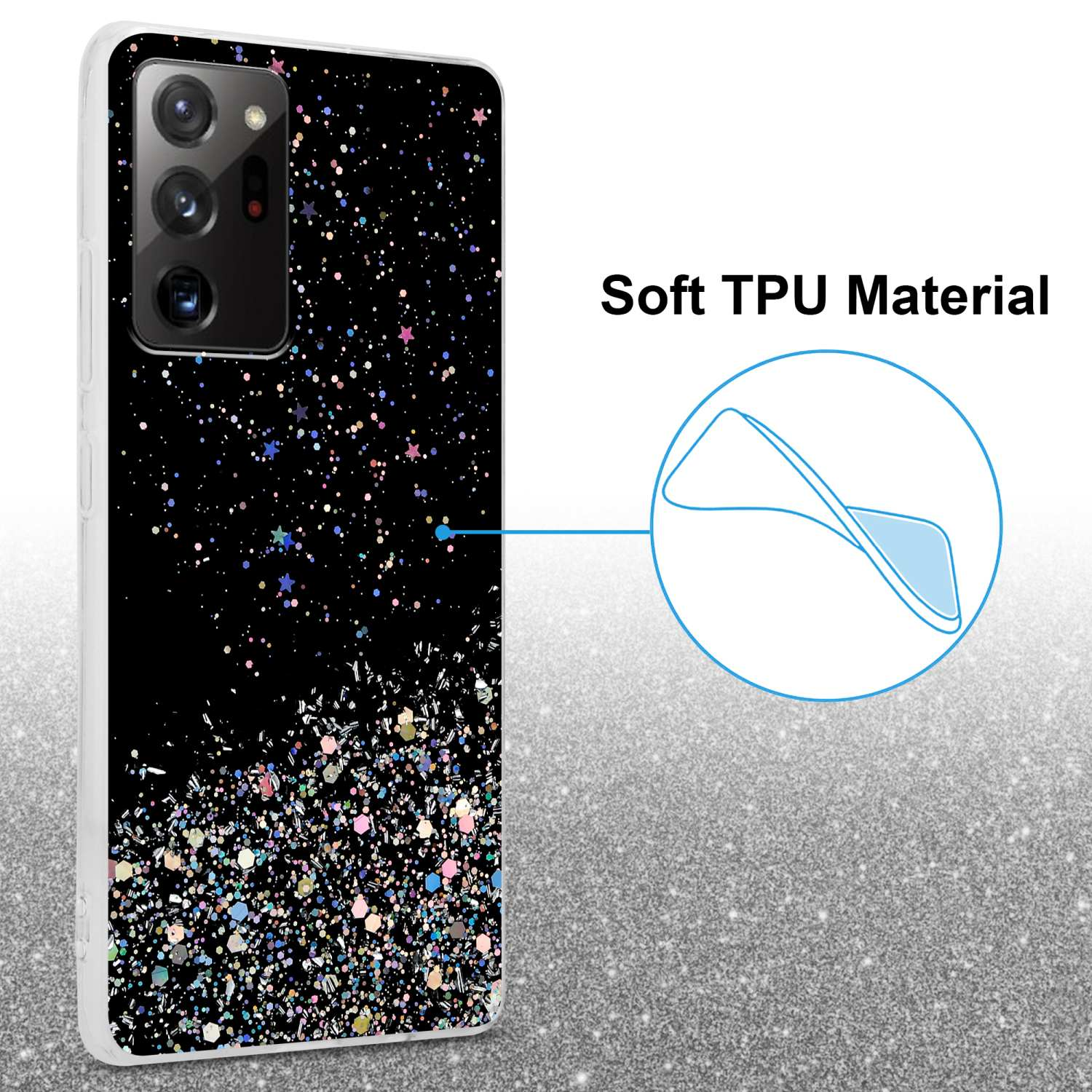 Schwarze Handyhülle mit glitzerndem Design und einem Etikett für weiches TPU-Material.