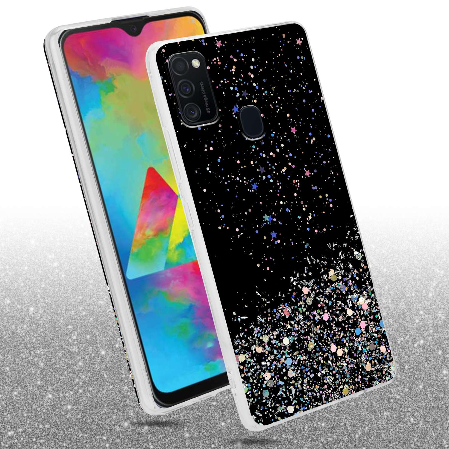Telefono con custodia glitterata. La custodia ha uno sfondo nero scintillante con coriandoli colorati.