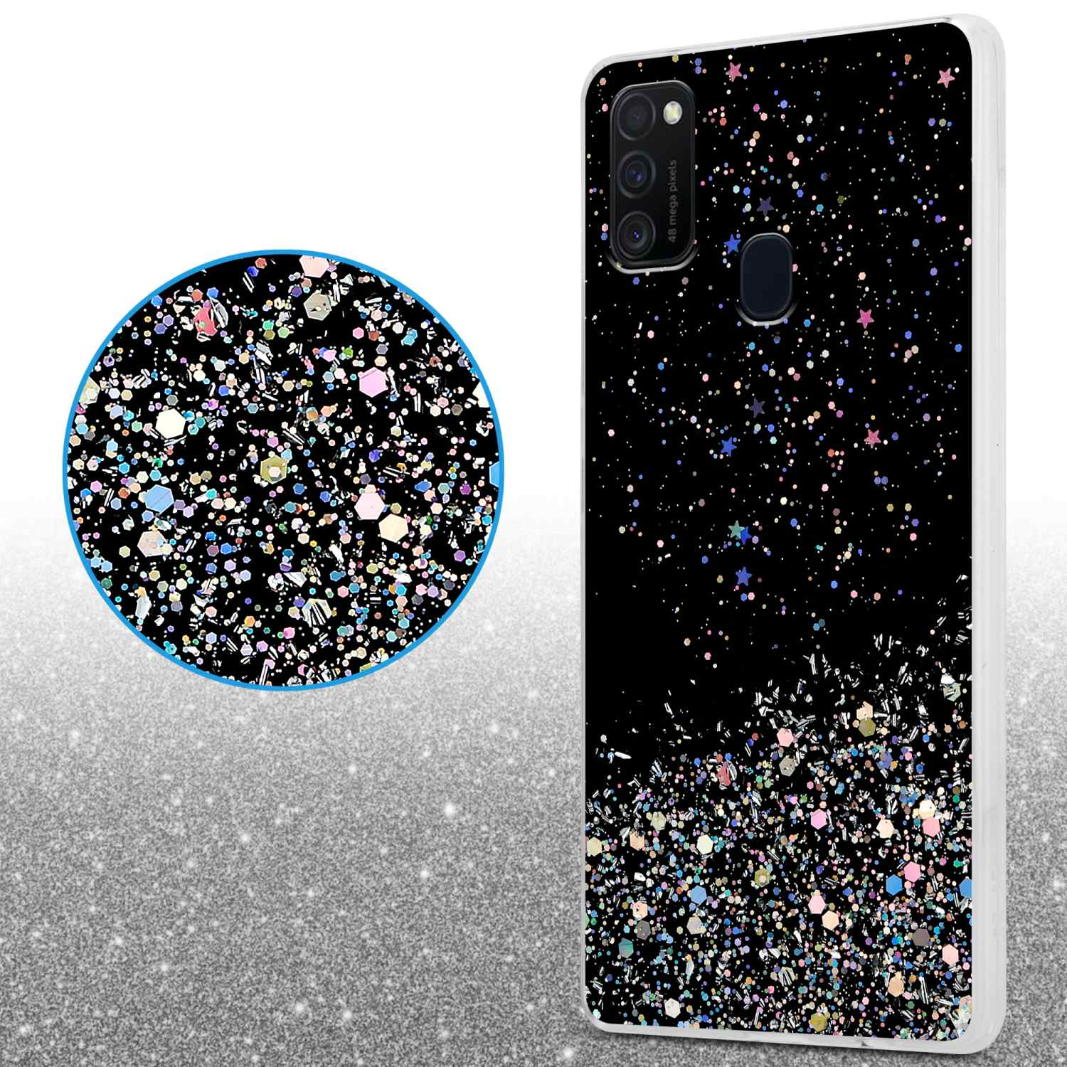 Custodia telefono con design glitterato. Grande cerchio con motivo scintillante.