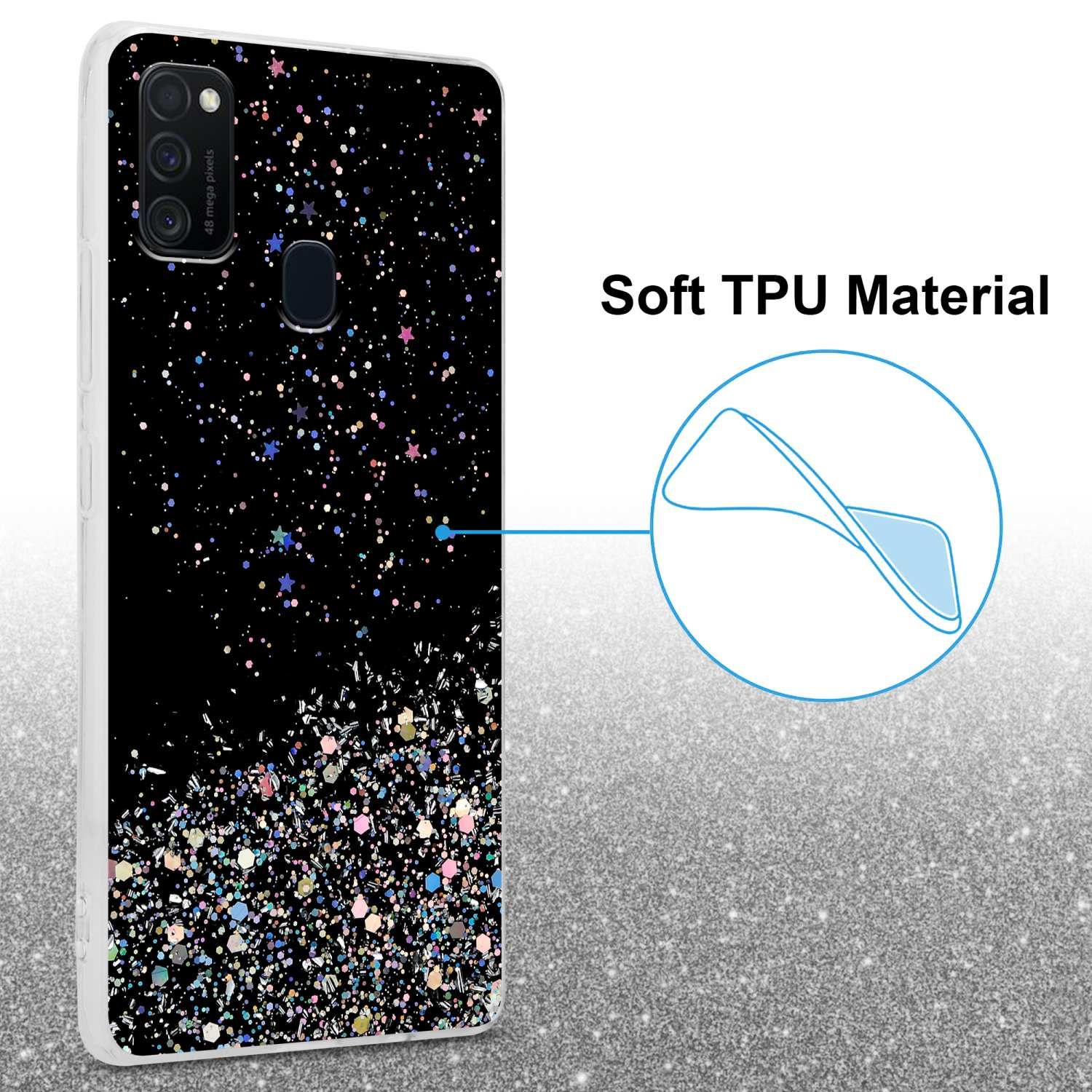 Una custodia per telefono con un design nero glitterato. Il testo recita 'Soft TPU Material'.