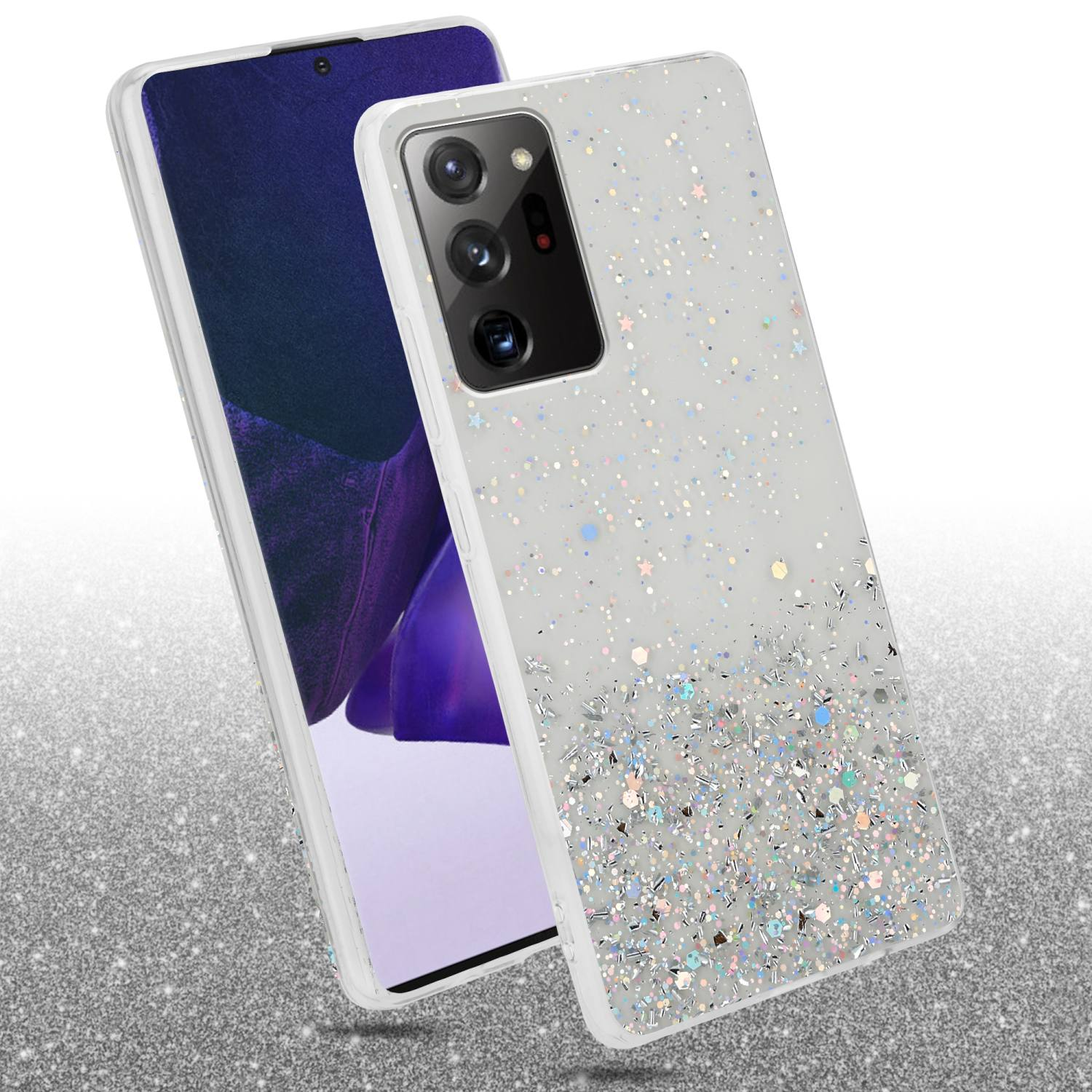 Eine Handyhülle mit Glitzer auf der Rückseite und einem Telefon.