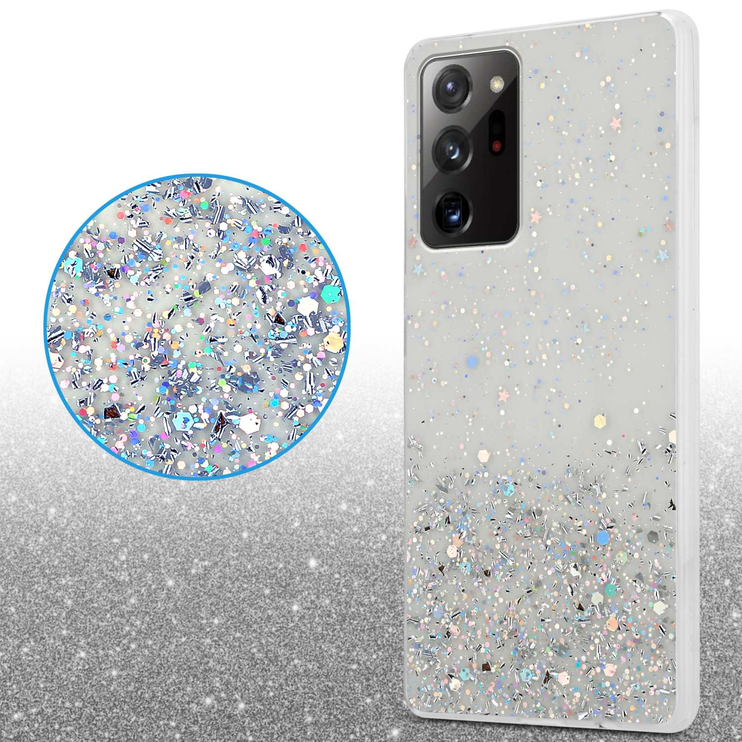 Handyhülle mit Glitzer. Glitzer ist silber und holografisch. Ein Kreis zeigt den Glitzer im Detail.