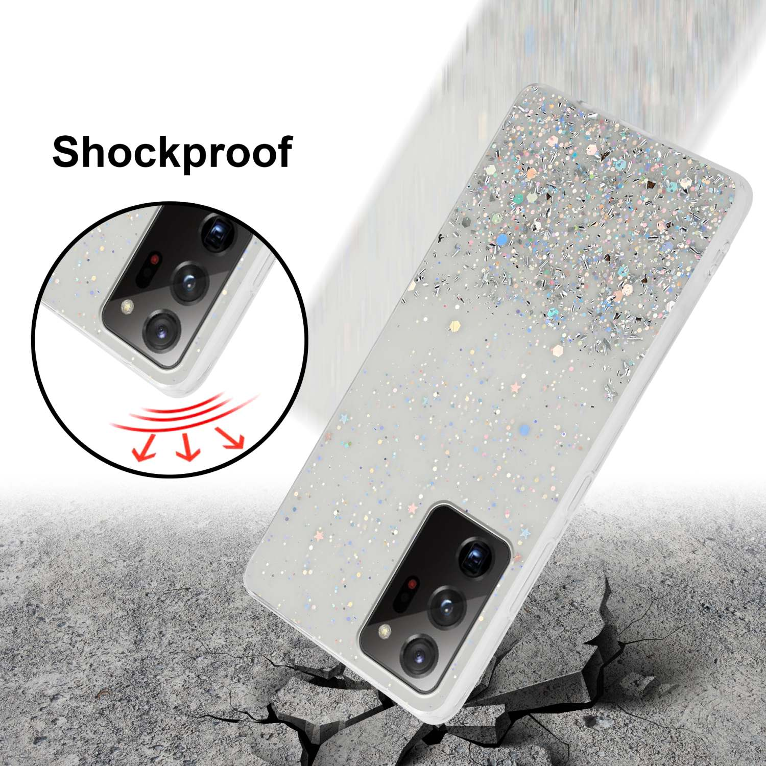 Eine weiße Handyhülle mit Glitzer und ein Telefon liegen auf einer zerbrochenen Oberfläche.