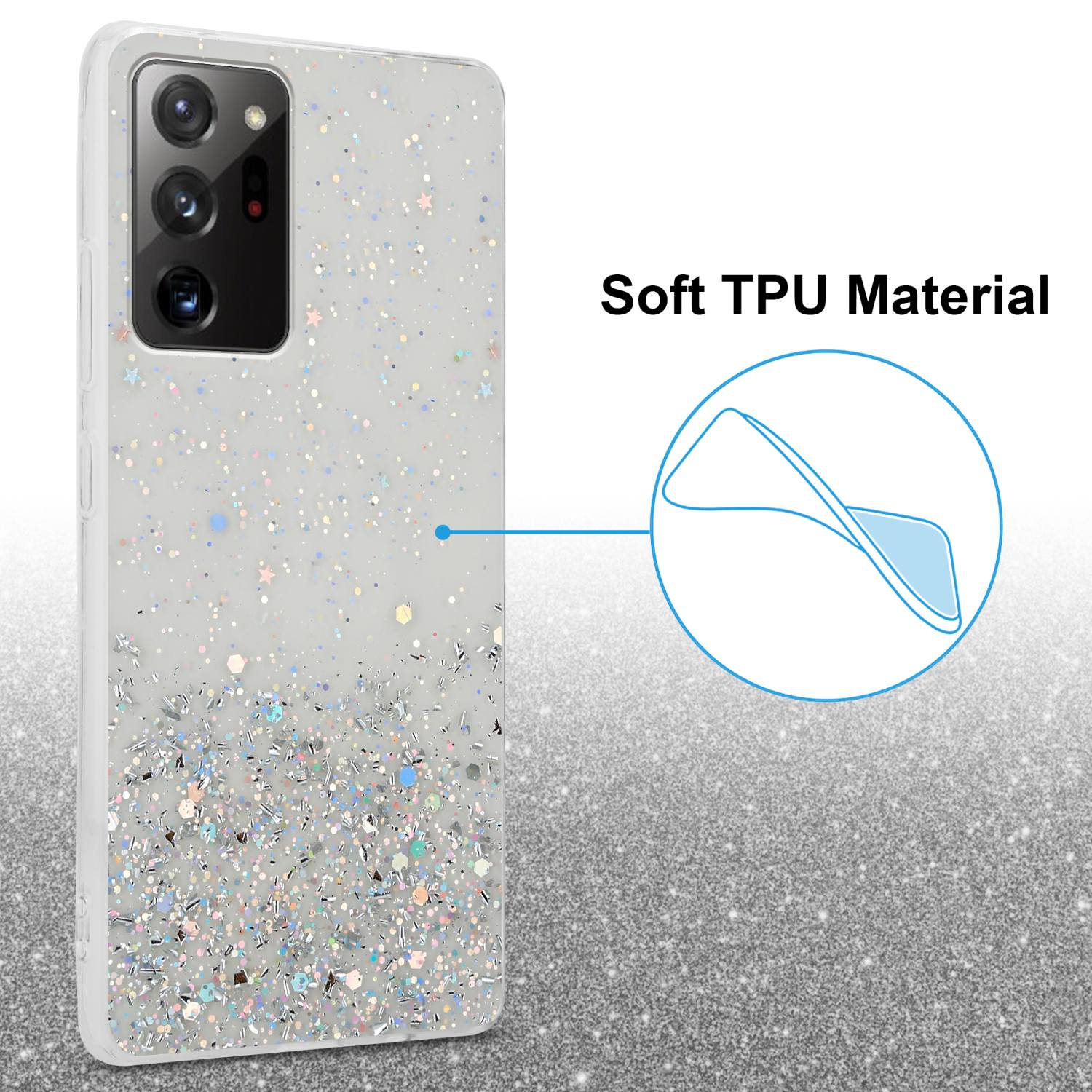 Handyhülle mit Glitzer und Sternen. Der Text 'Soft TPU Material' ist sichtbar.