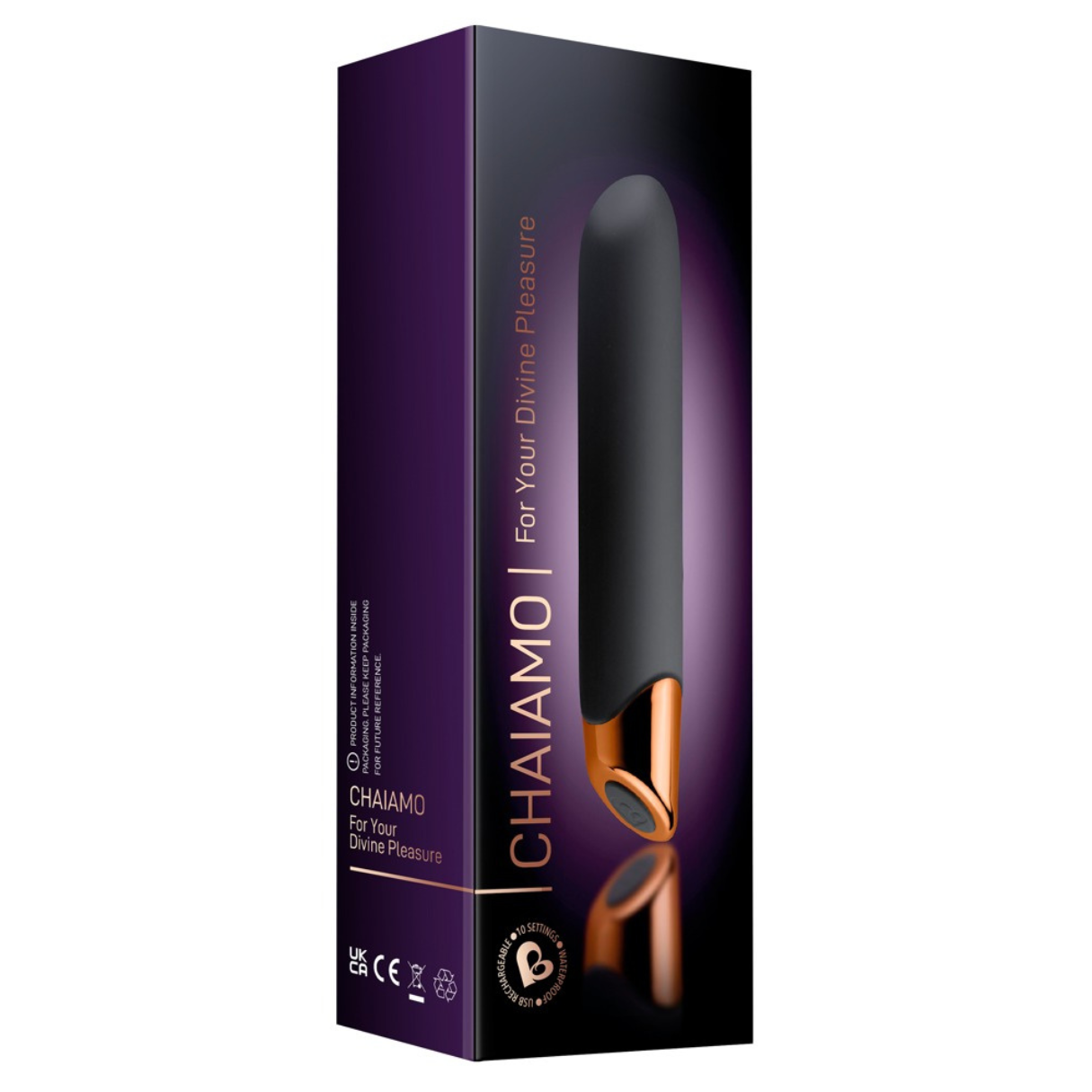 Czarna zabawka erotyczna w fioletowym pudełku. Pudełko zawiera informacje o produkcie oraz napis "CHAIAMO For Your Divine Pleasure".