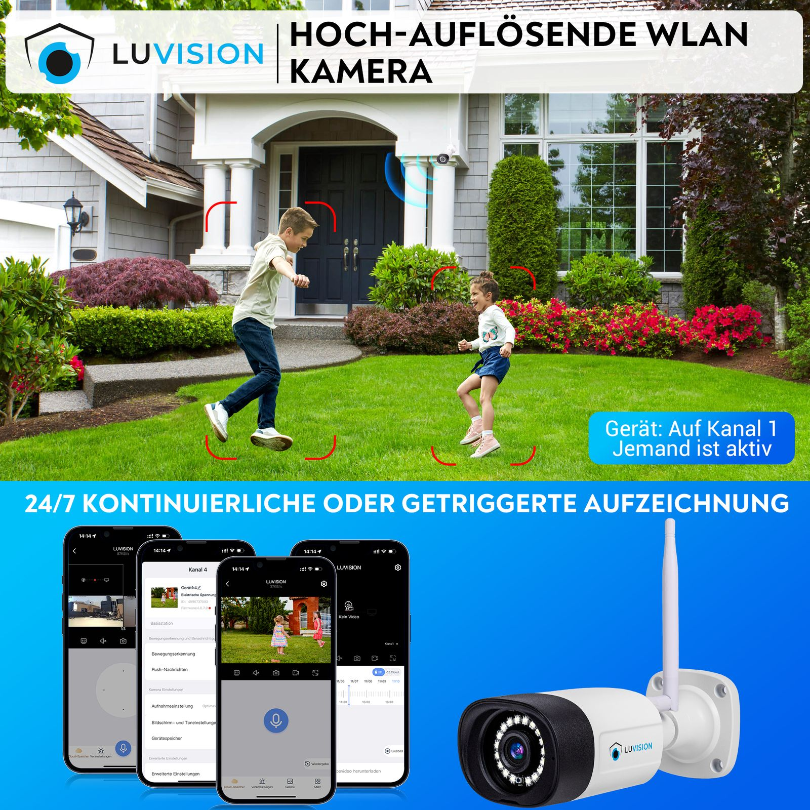 Zwei Kinder spielen im Garten, Überwachungskameras und Handy-App-Oberfläche.