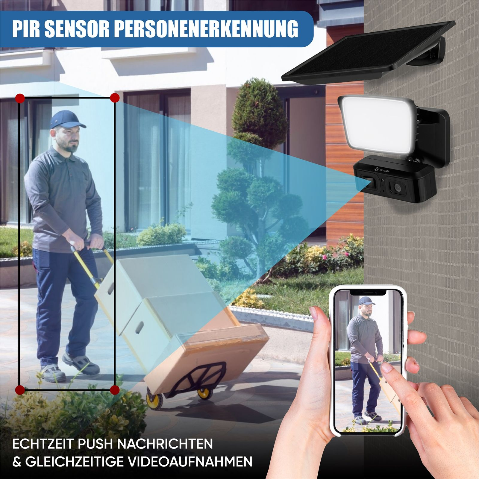 Ein Mann zieht einen Wagen. Ein Telefon zeigt denselben Mann. Solarpanel und Überwachungskamera an der Wand.