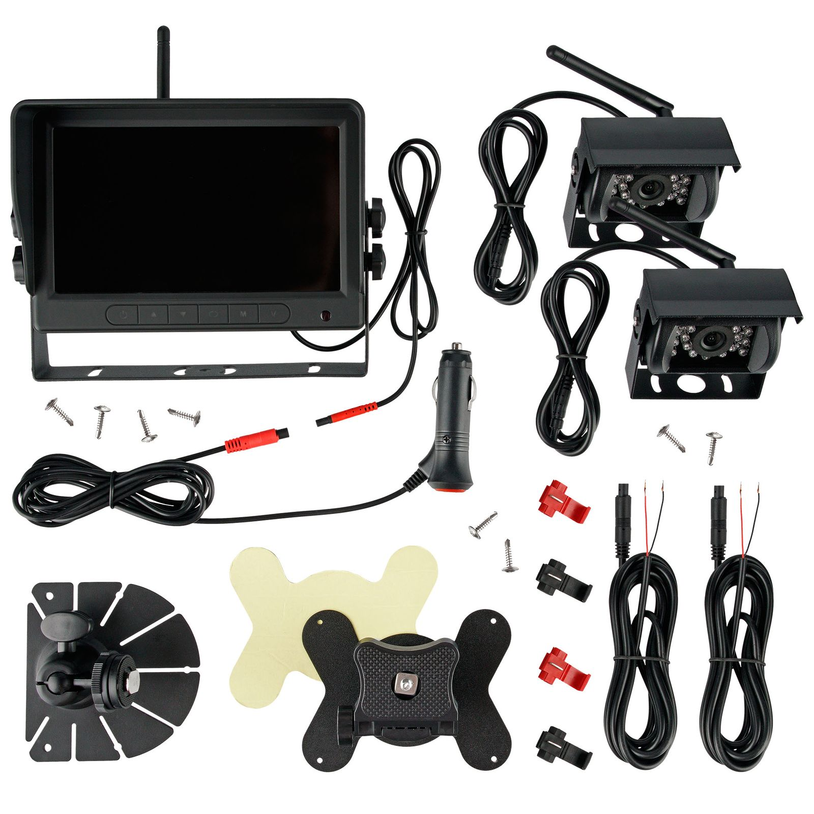 Ein Auto-Kamerasystem mit Monitor, Kameras, Kabeln und Halterungen.