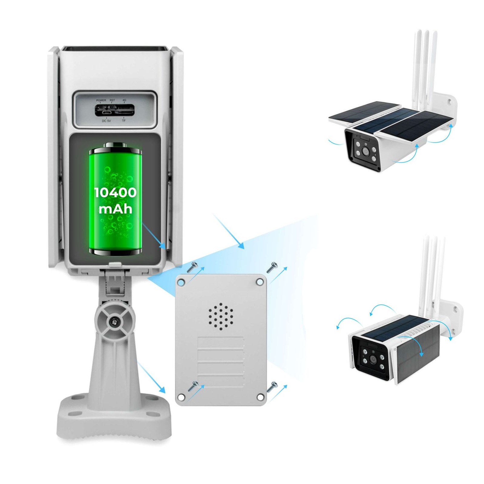 Weiße Überwachungskamera mit grüner Batterie, Solarpanelen und separater Rückabdeckung.