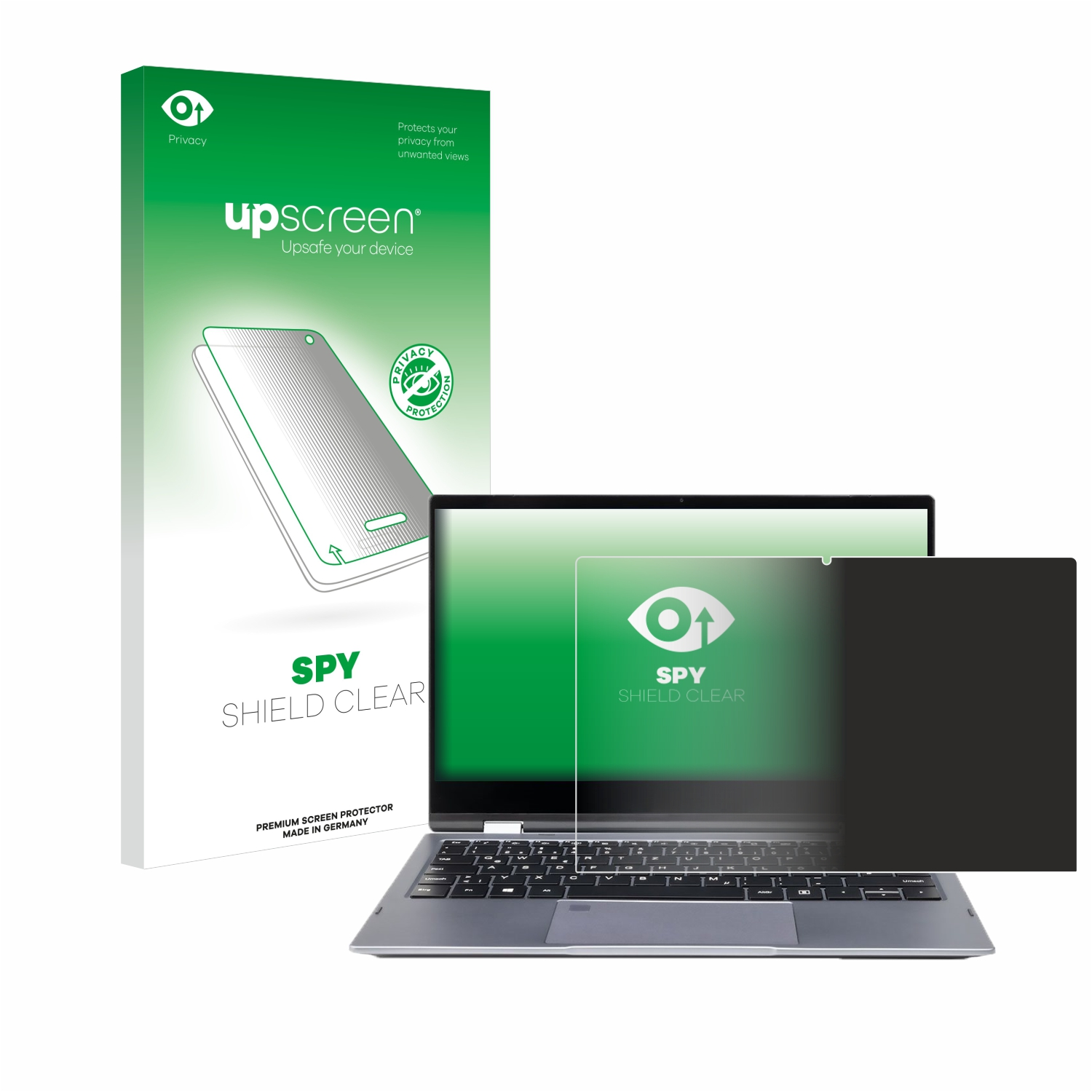 Laptop, Displayschutzfolie und eine Box. Der Laptop ist silber. Der Schutz ist schwarz. Die Box ist grün und weiß.