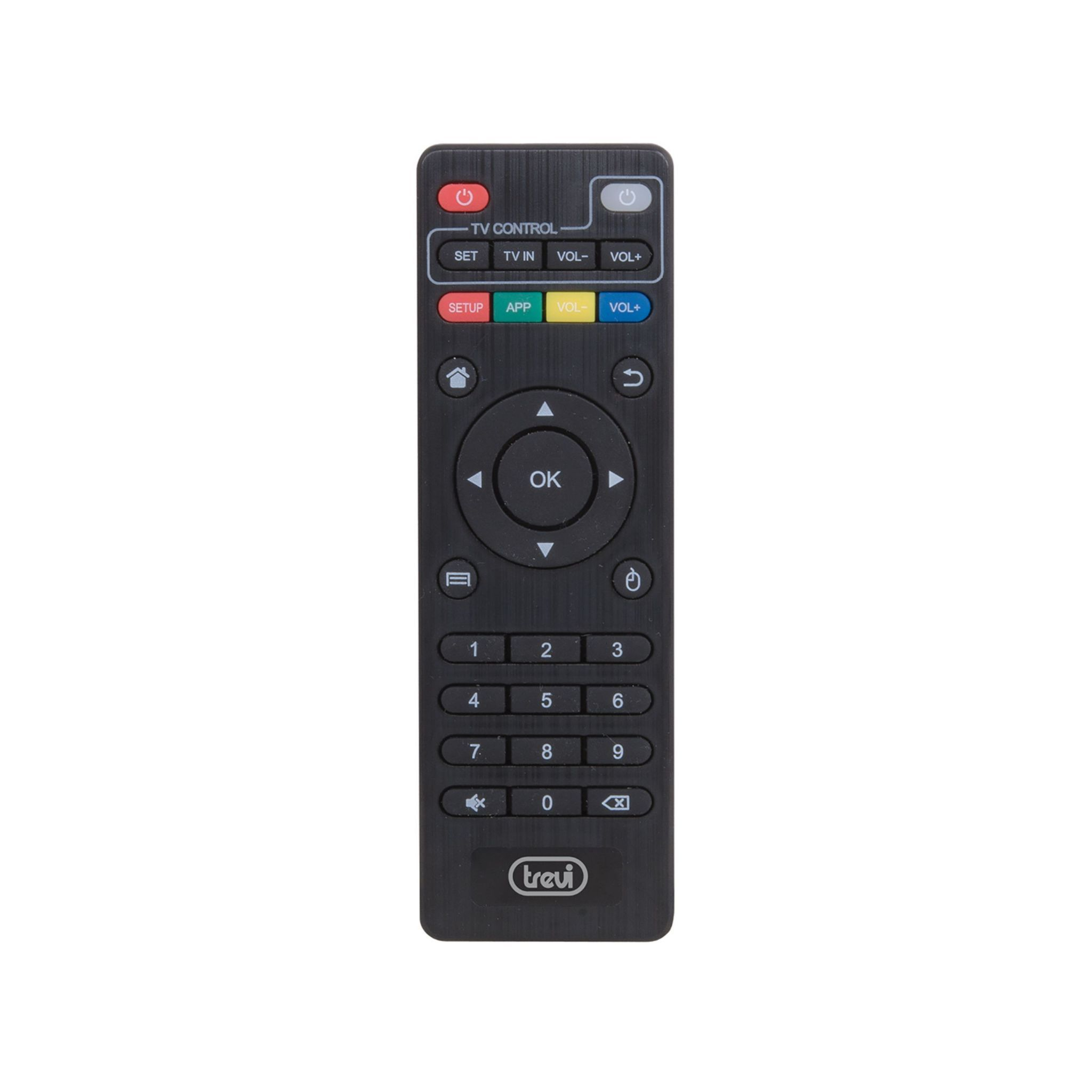 Mando a distancia negro de TV con múltiples botones. Tiene un botón OK circular y teclas numéricas.