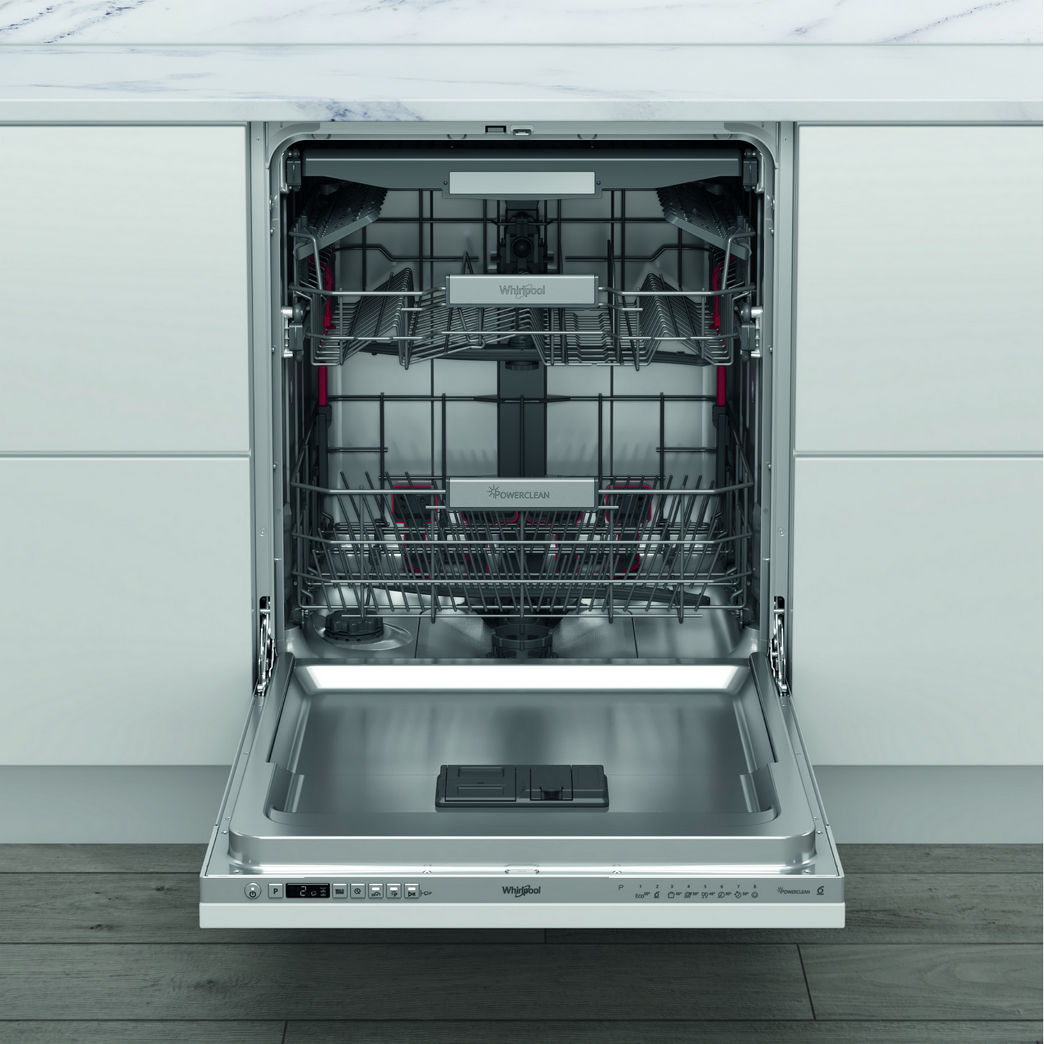 Lavastoviglie con porta aperta, interno visibile con cestelli e dettagli dei componenti.