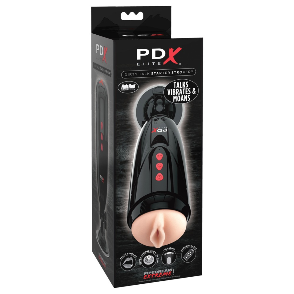 Eine schwarze PDX Elite Starter Stroker Box, die ein schwarzes und fleischfarbenes Gerät zeigt.