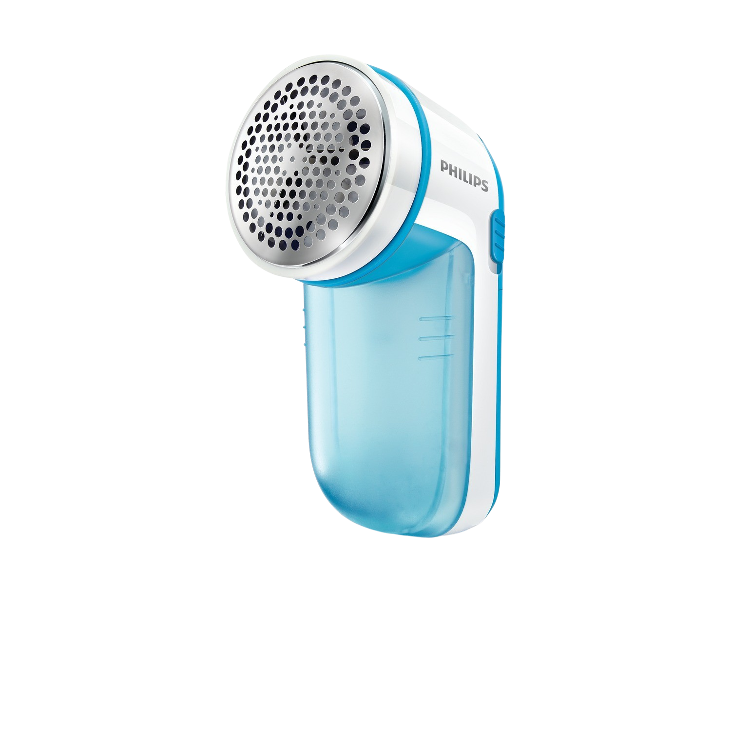 Weiß-blauer Philips Stoffrasierer. Schwarzer Hintergrund. Draufsicht.