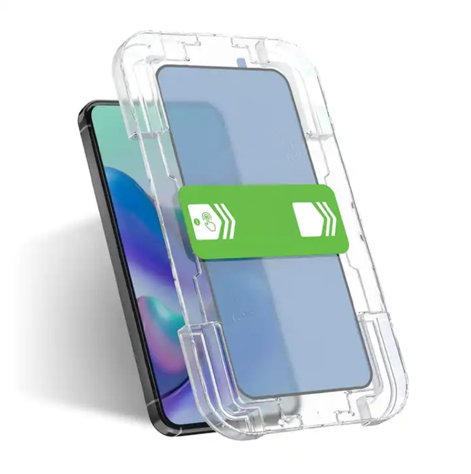Handy-Displayschutz mit Anwendungsanleitung und Handy, montagefertig.