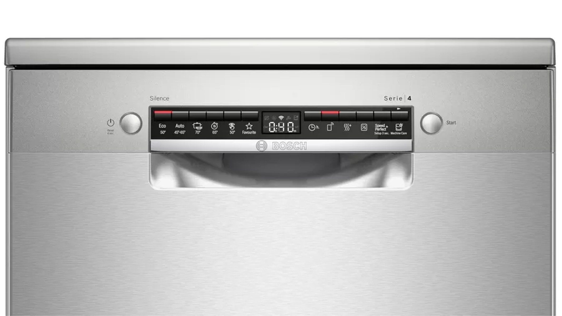 Un lavavajillas Bosch de acero inoxidable. Tiene un panel de control y una pantalla digital que muestra la hora.