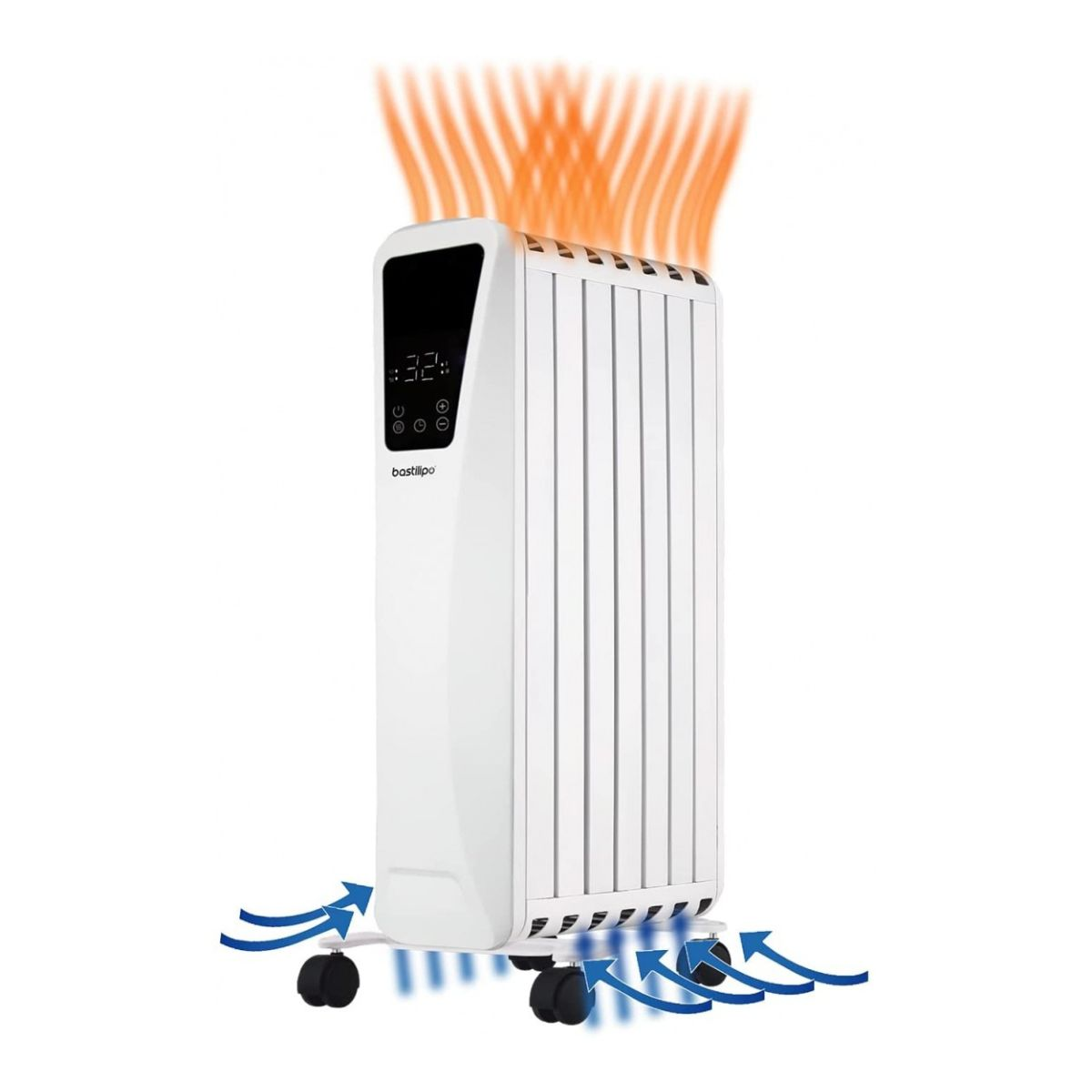 Calentador eléctrico blanco con pantalla digital e indicadores de flujo de aire en la parte inferior, aislado.