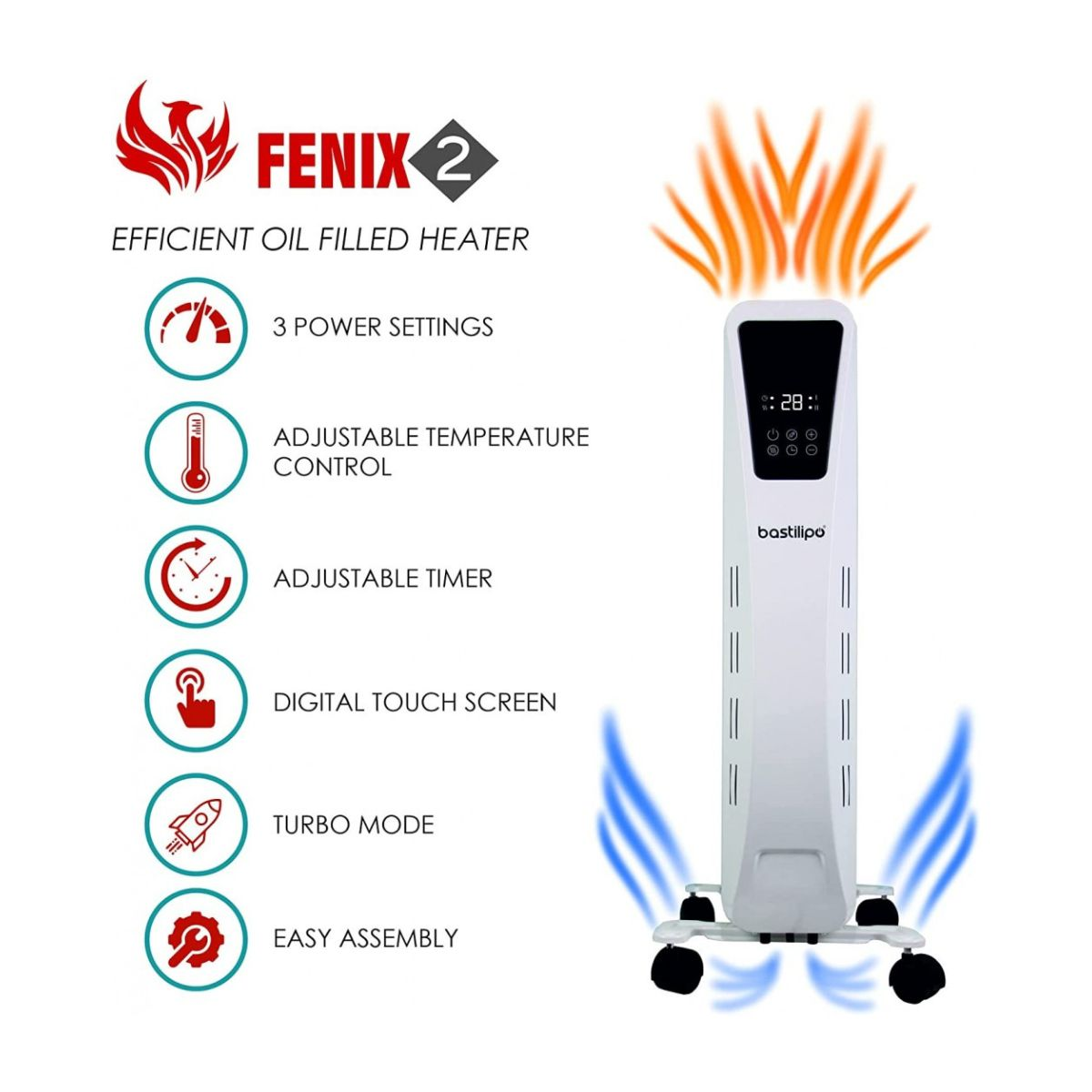 Calentador de aceite blanco con panel de control e iconos. El texto dice 'FENIX 2'.