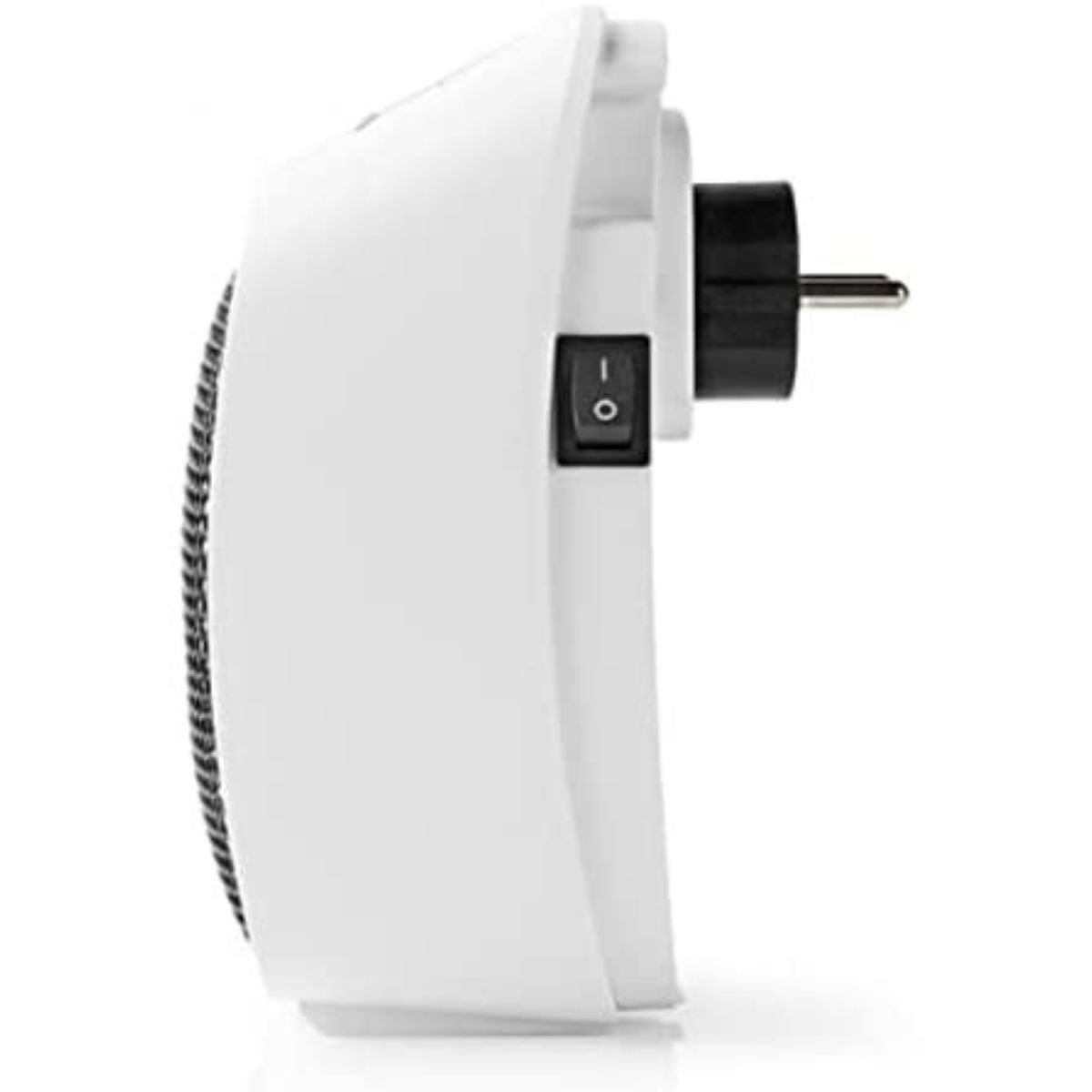 Mini scaldabagno bianco con interruttore on/off e spina. Lo scaldabagno è sul lato destro.