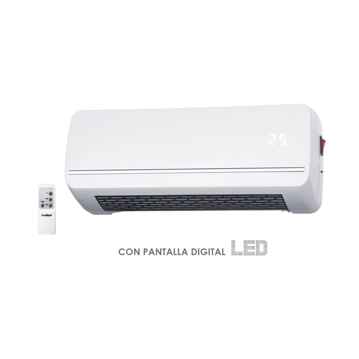 Biały grzejnik elektryczny z cyfrowym wyświetlaczem LED i pilotem.