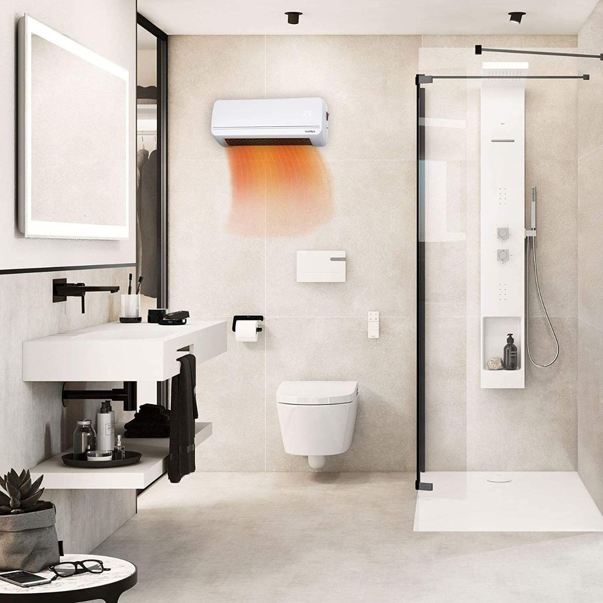 Scena łazienkowa z białym grzejnikiem ściennym emitującym pomarańczowe ciepło i różnymi elementami wyposażenia.