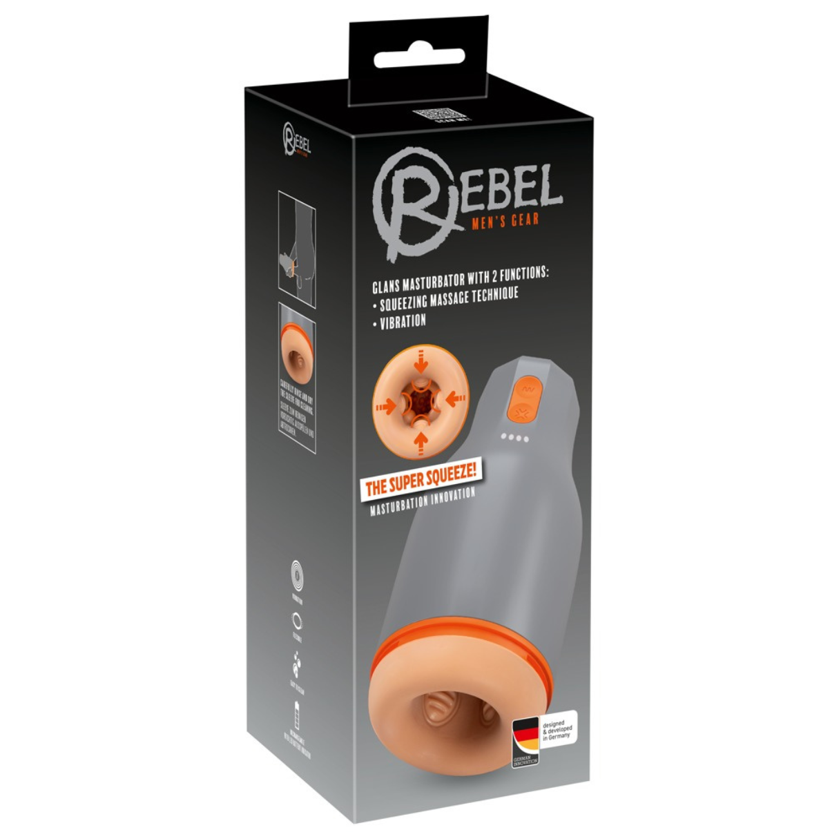 Graues und oranges Sexspielzeug in einer Schachtel. Text auf der Schachtel beschreibt die Funktionen.