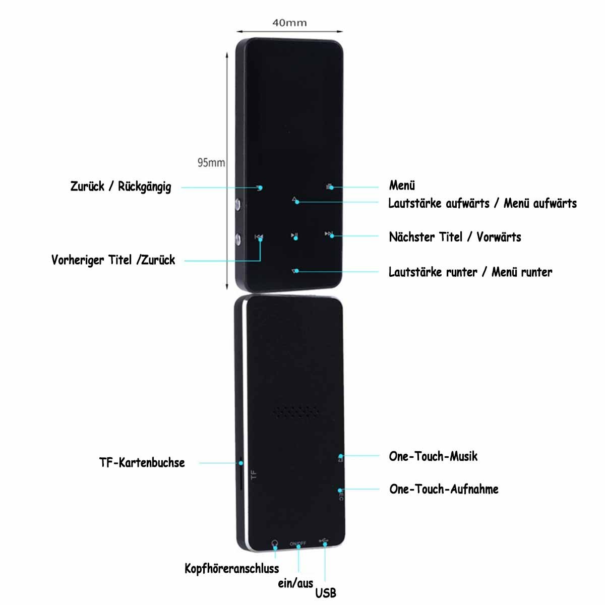 Czarne urządzenie do nagrywania dźwięku z oznaczonymi przyciskami funkcji i portów, na białym tle.