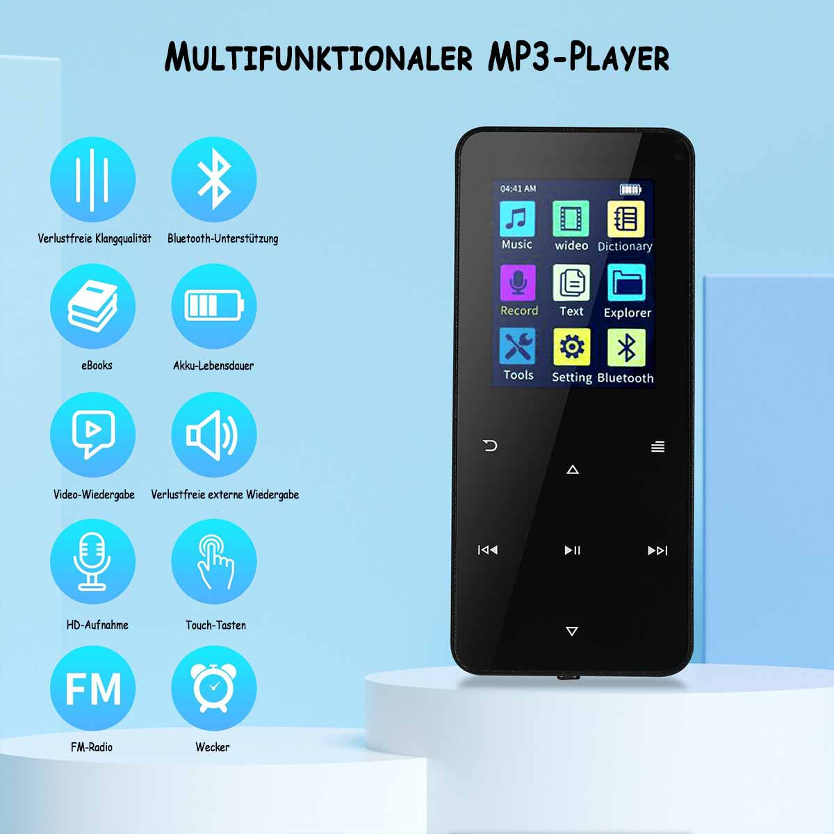 Czarny odtwarzacz MP3 z ikonami muzyki, wideo i innych funkcji, z wieloma okrągłymi ikonami wokół.