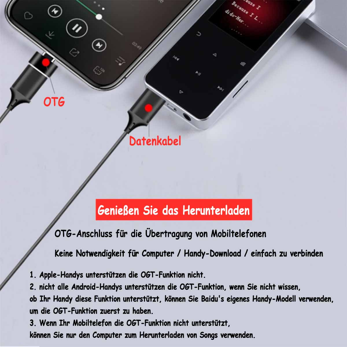 Telefon podłączony do odtwarzacza muzyki za pomocą kabla. Tekst w języku niemieckim: 'Ciesz się pobieraniem'.