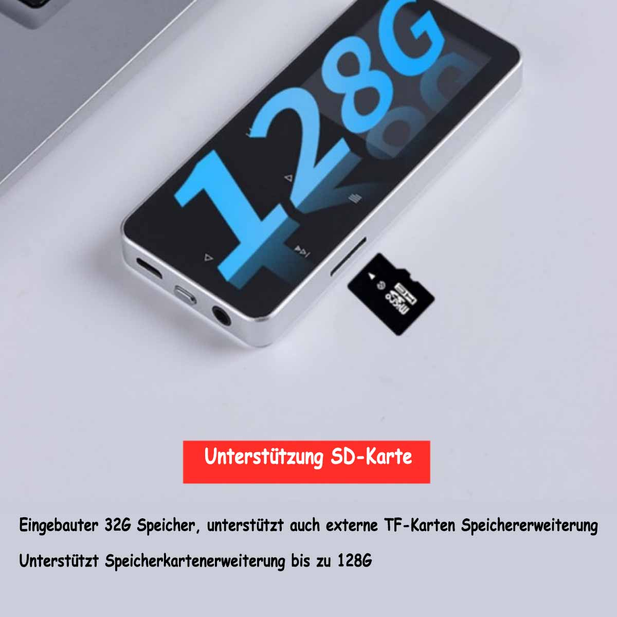 Czarny odtwarzacz multimedialny z ekranem 128G. Obok karta SD.