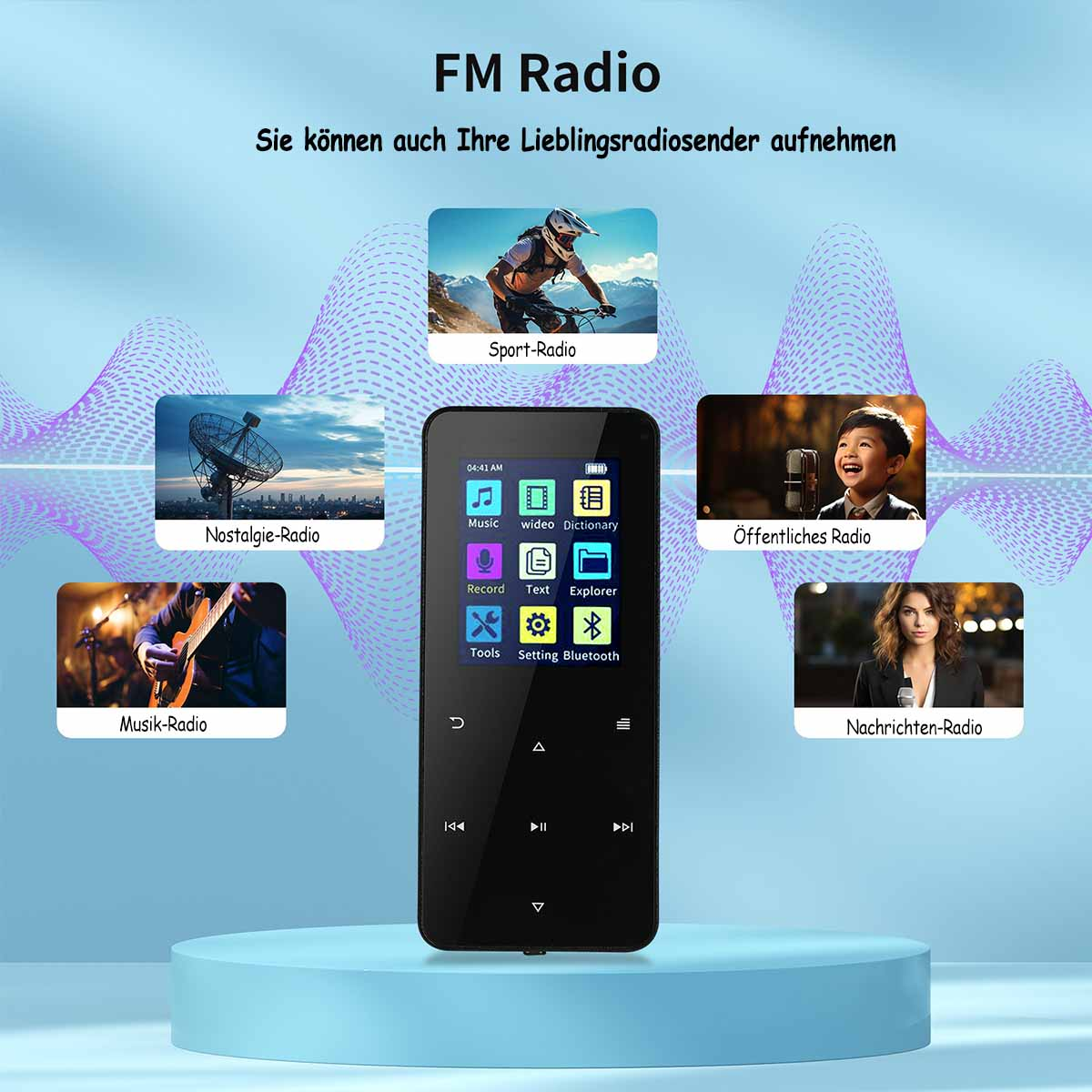 Radio FM z ekranem. Pokazuje różne opcje radia i czarno-niebieski design.