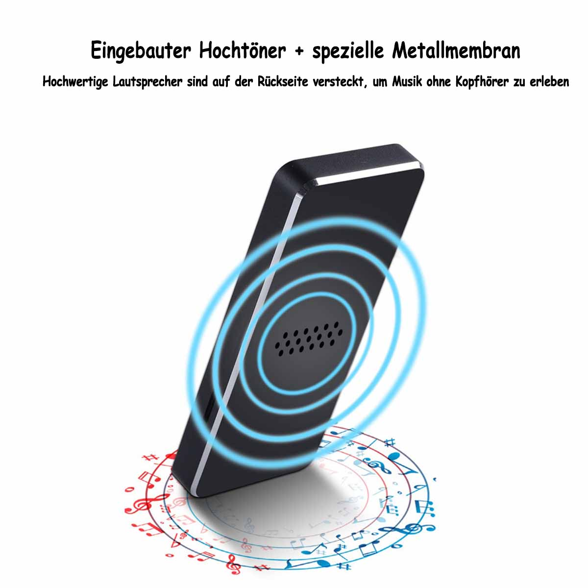 Czarny głośnik z niebieskimi falami dźwiękowymi wychodzącymi z przodu.