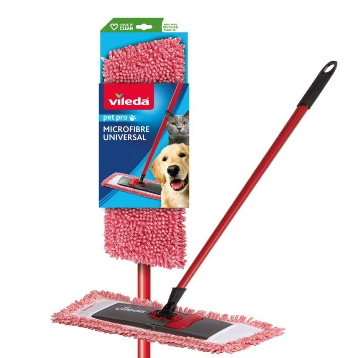 Ein rotes und weißes Vileda-Mop-Set mit rotem Griff, Mopkopf und einer Packung mit Haustieren.