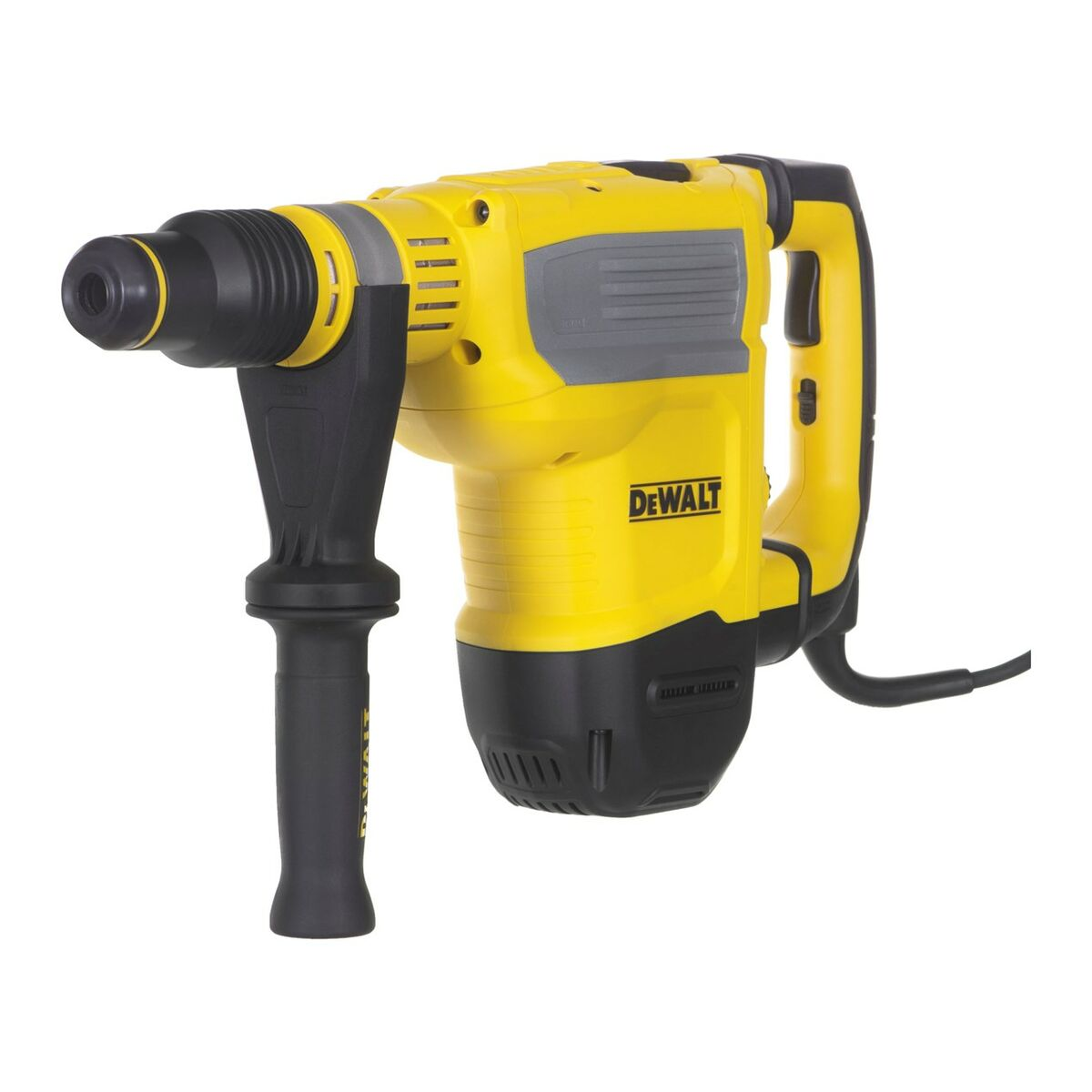 Gelb-schwarzer Dewalt Hammerbohrer mit Griff und schwarzem Netzkabel.