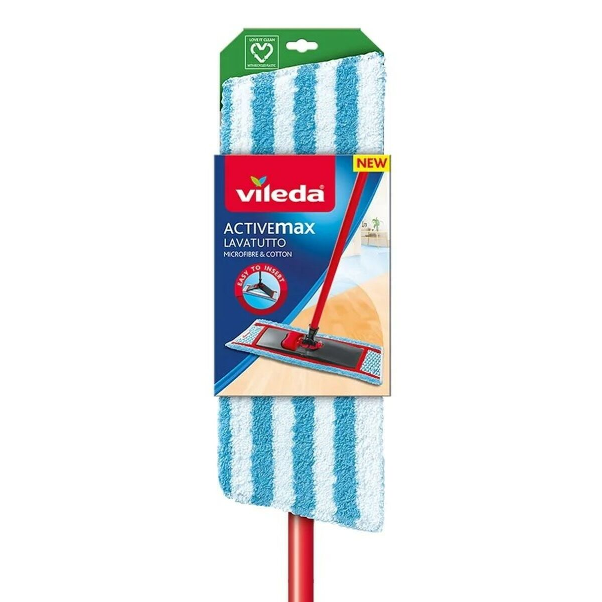 Vileda Actimax Wischmop. Weiß-blau gestreiftes Reinigungspad auf rotem Stiel. Neu-Aufkleber.