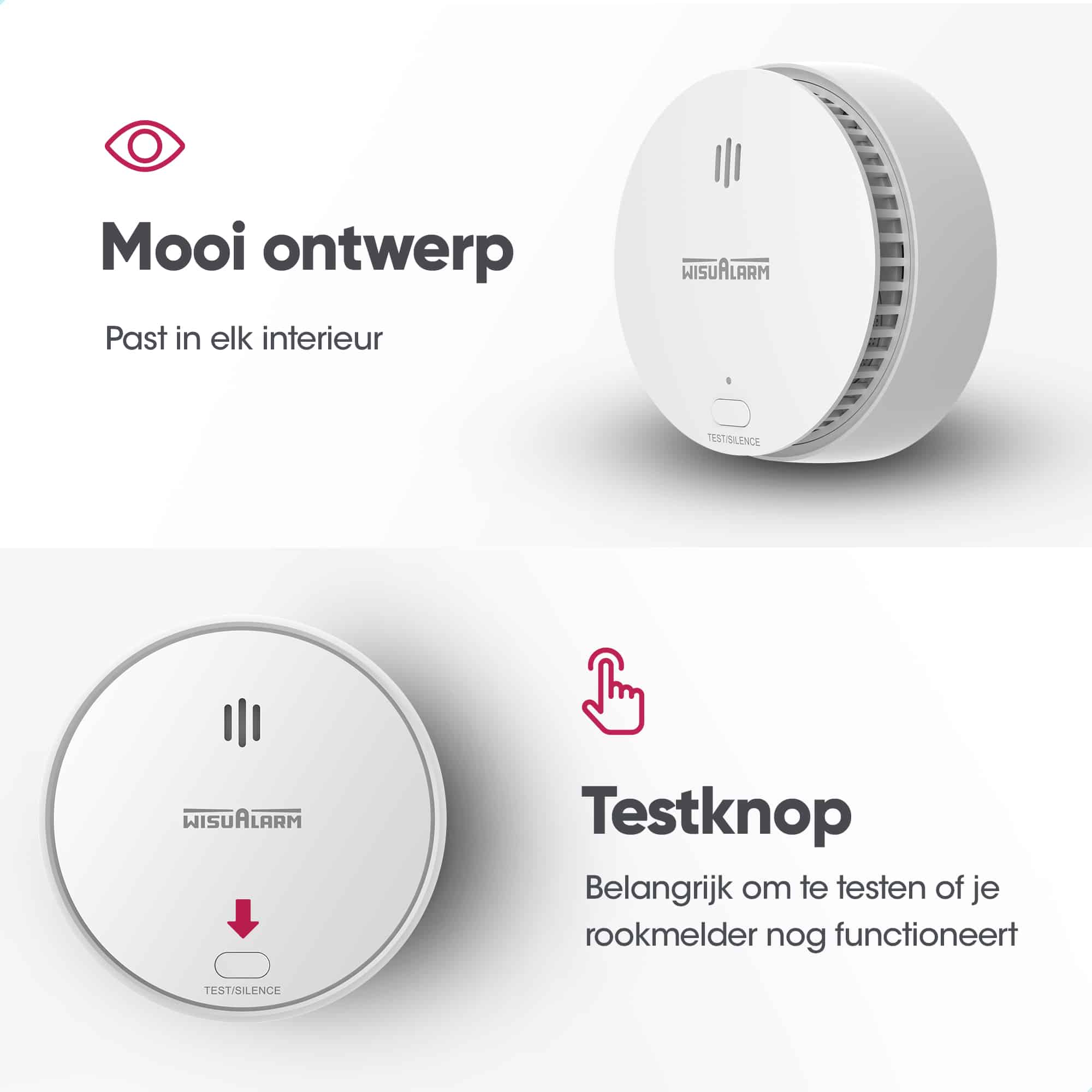 Primer plano de un detector de humo con texto: 'Mooi ontwerp', 'Testknop' y 'WISUAlarm'.