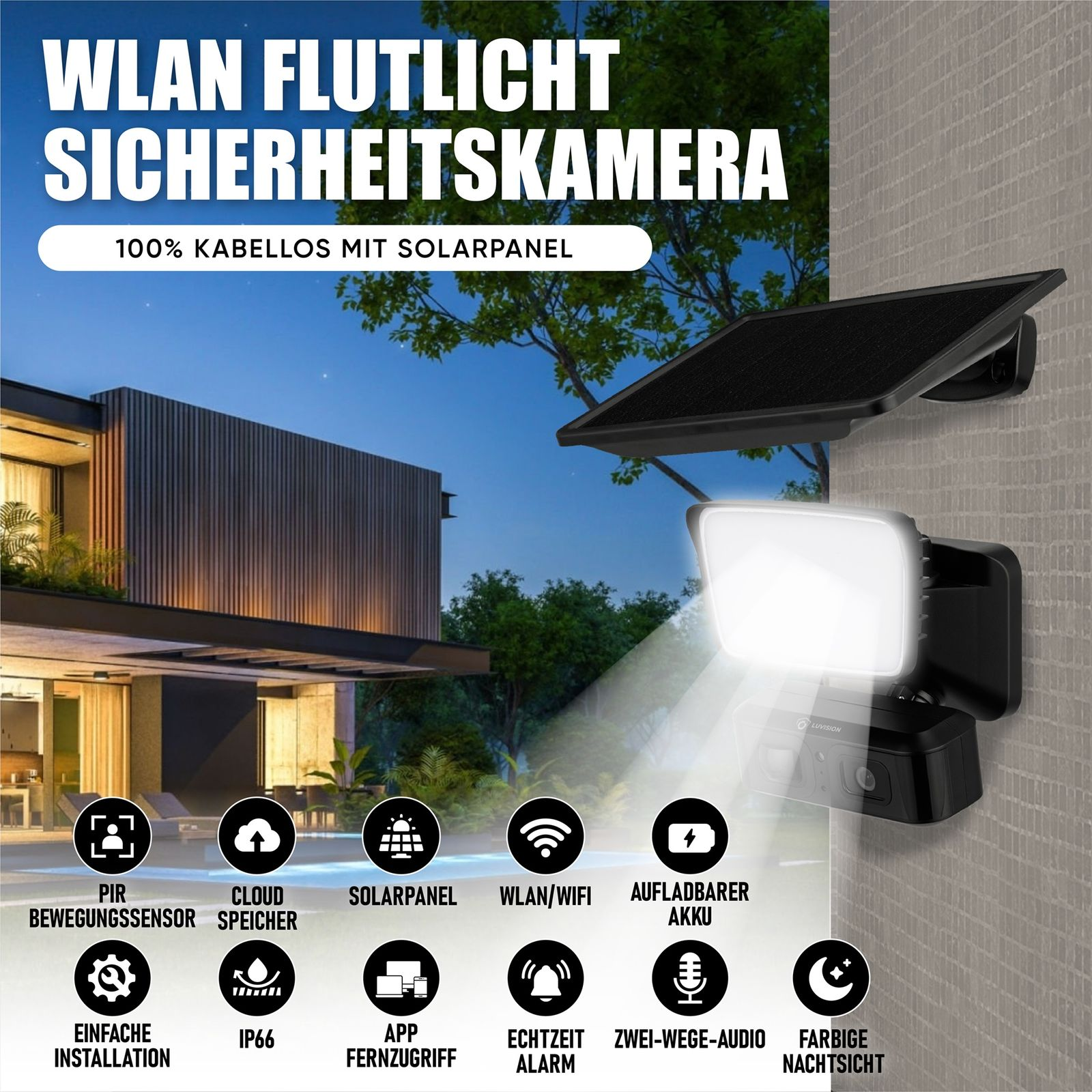 Eine schwarze Überwachungskamera mit Solarpanel, an einem Haus, mit Symbolen und Text auf Deutsch.