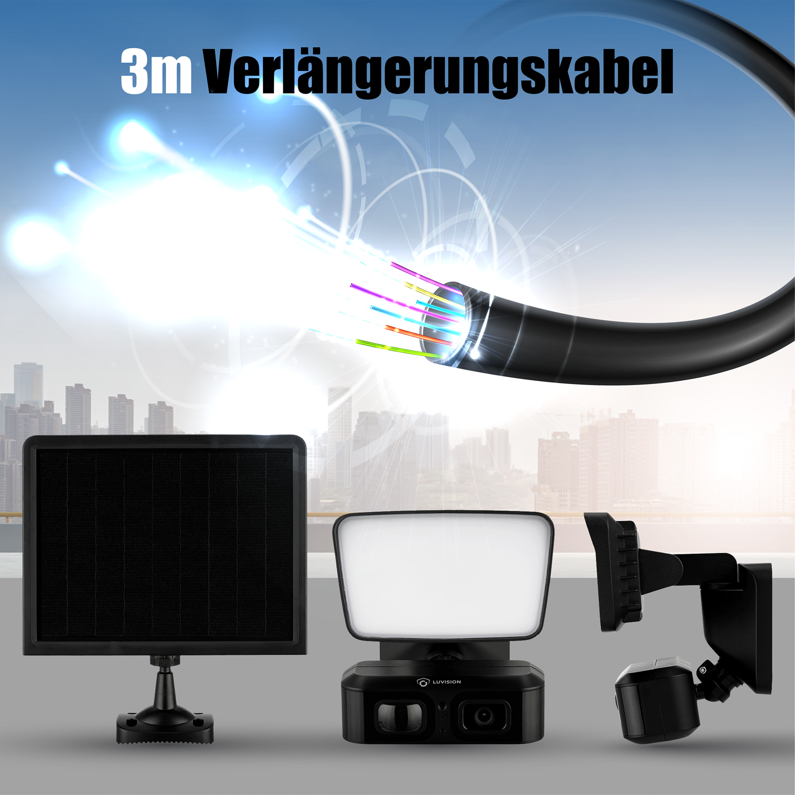Ein Solarpanel mit Licht und ein Licht mit Drahtanschluss.