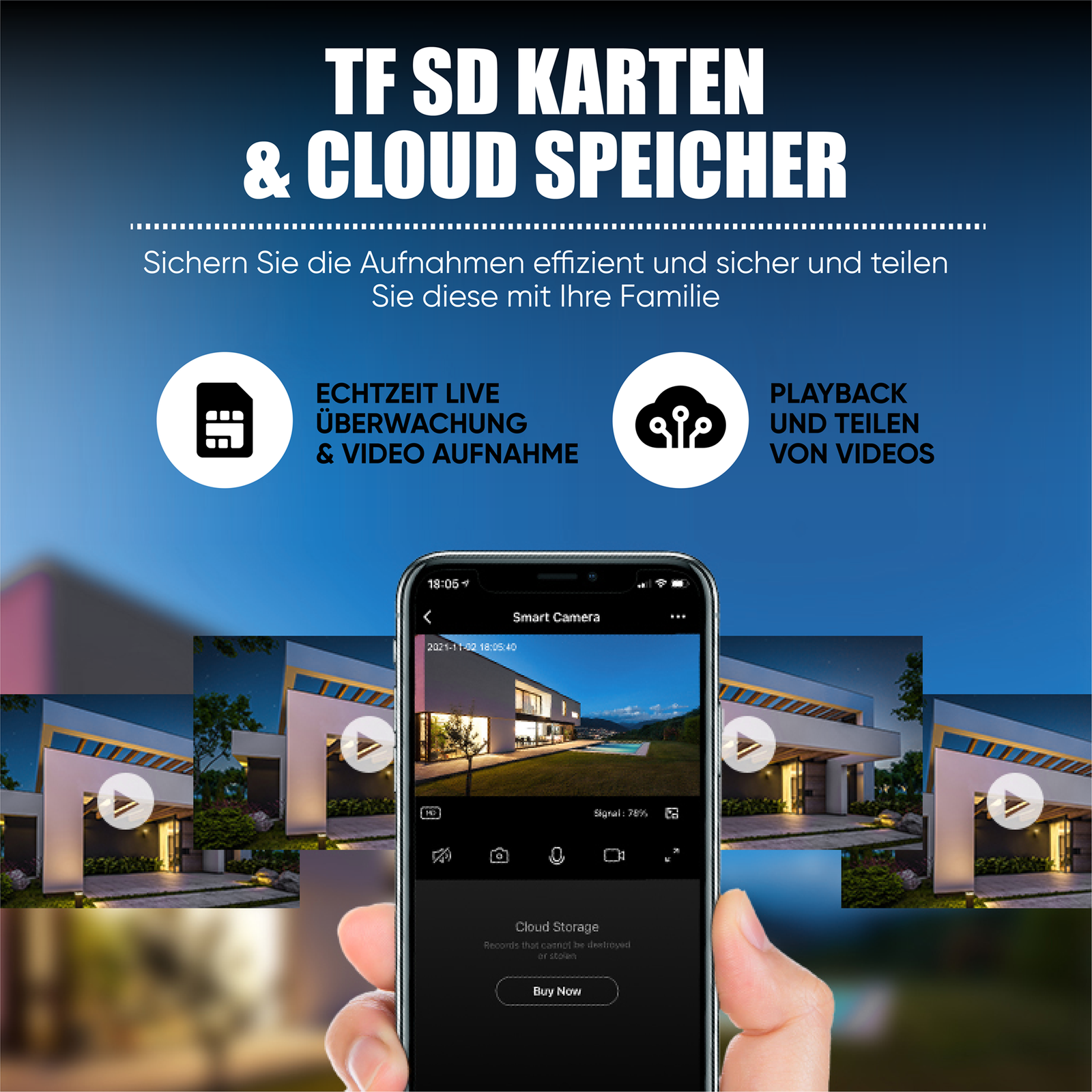 Smartphone mit Home-Security-App-Oberfläche, Text, Icons, Hand hält es.