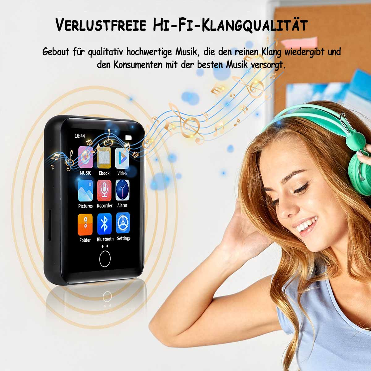 Czarny odtwarzacz MP3 z ekranem, kobieta z zielonymi słuchawkami.