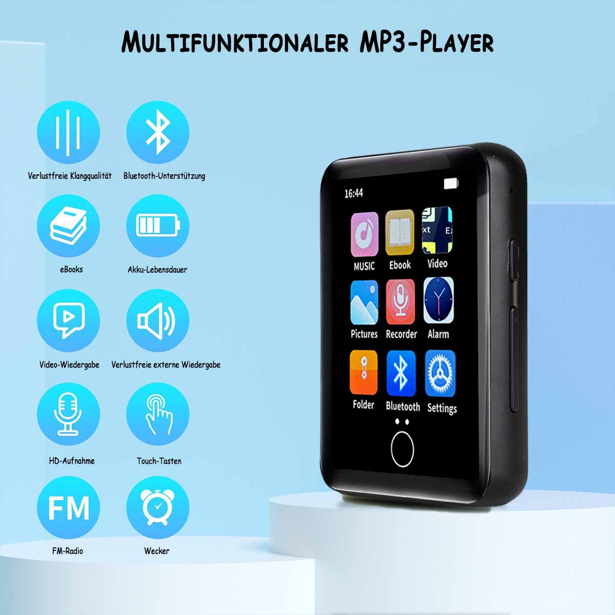 Czarny odtwarzacz MP3 z ikonami. Tekst: Multifunktionaler MP3-Player.
