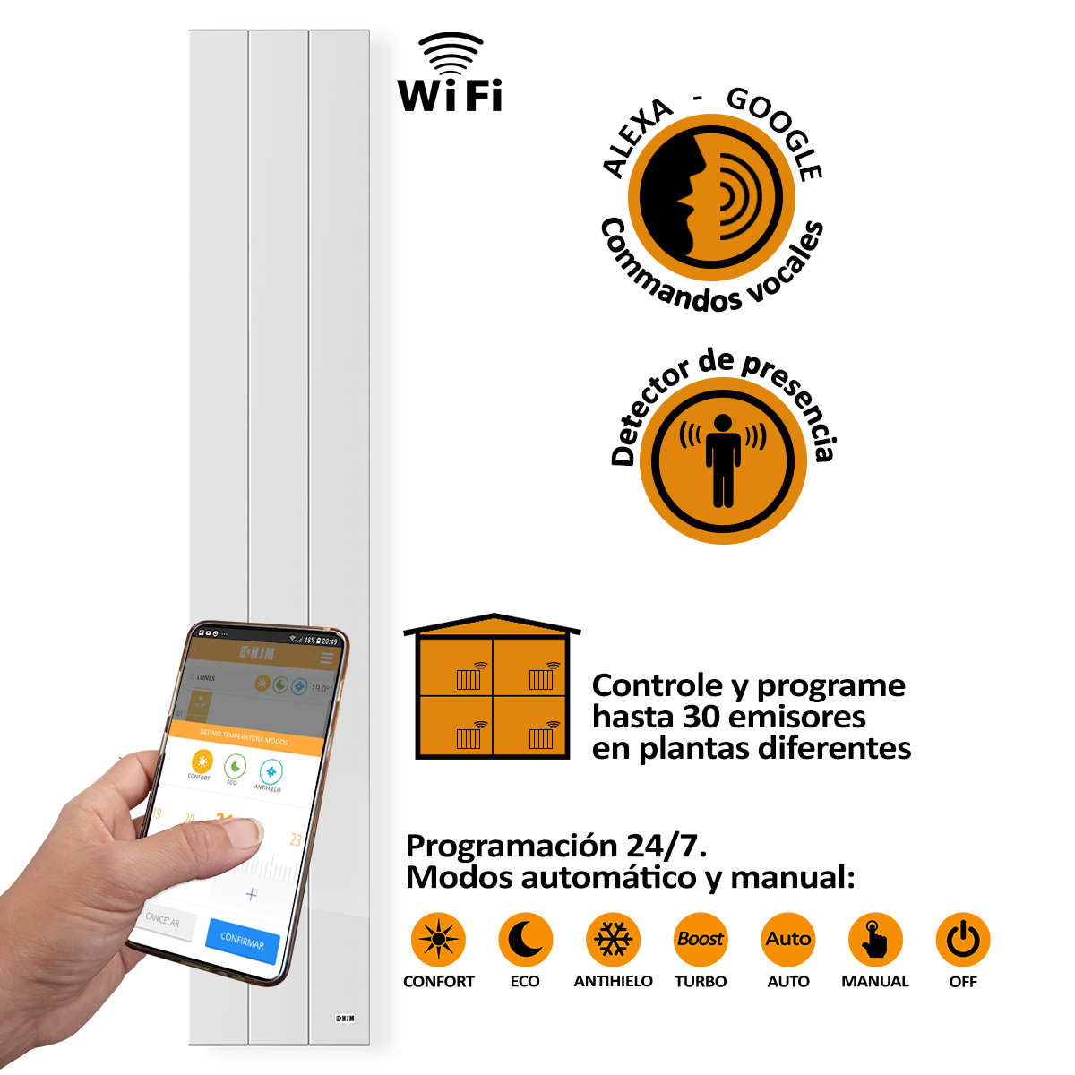 Un calefactor inteligente blanco con control por smartphone. Tiene iconos de WiFi y control por voz.