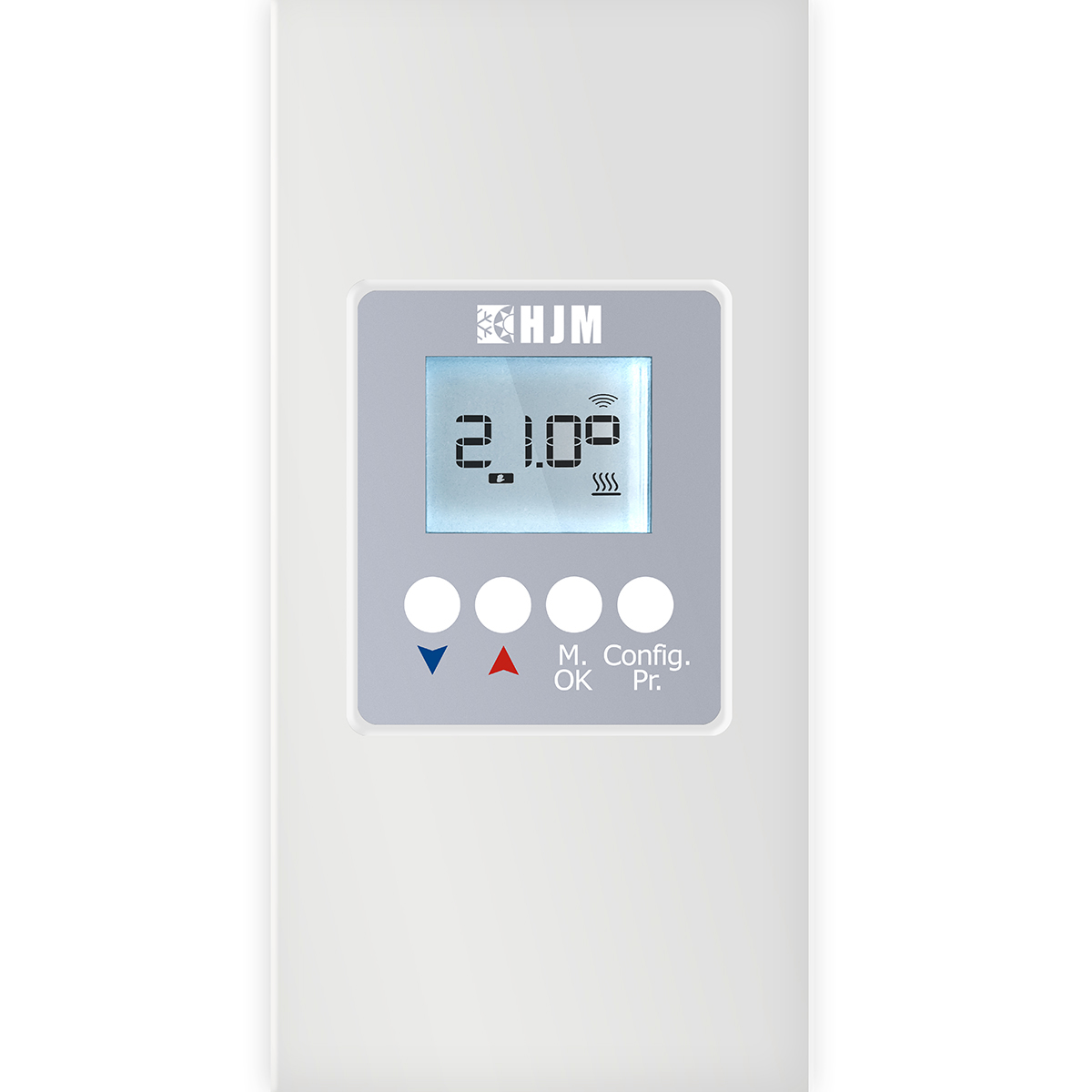 Panel de control blanco con una pantalla digital que muestra 2,10 grados, botones debajo.