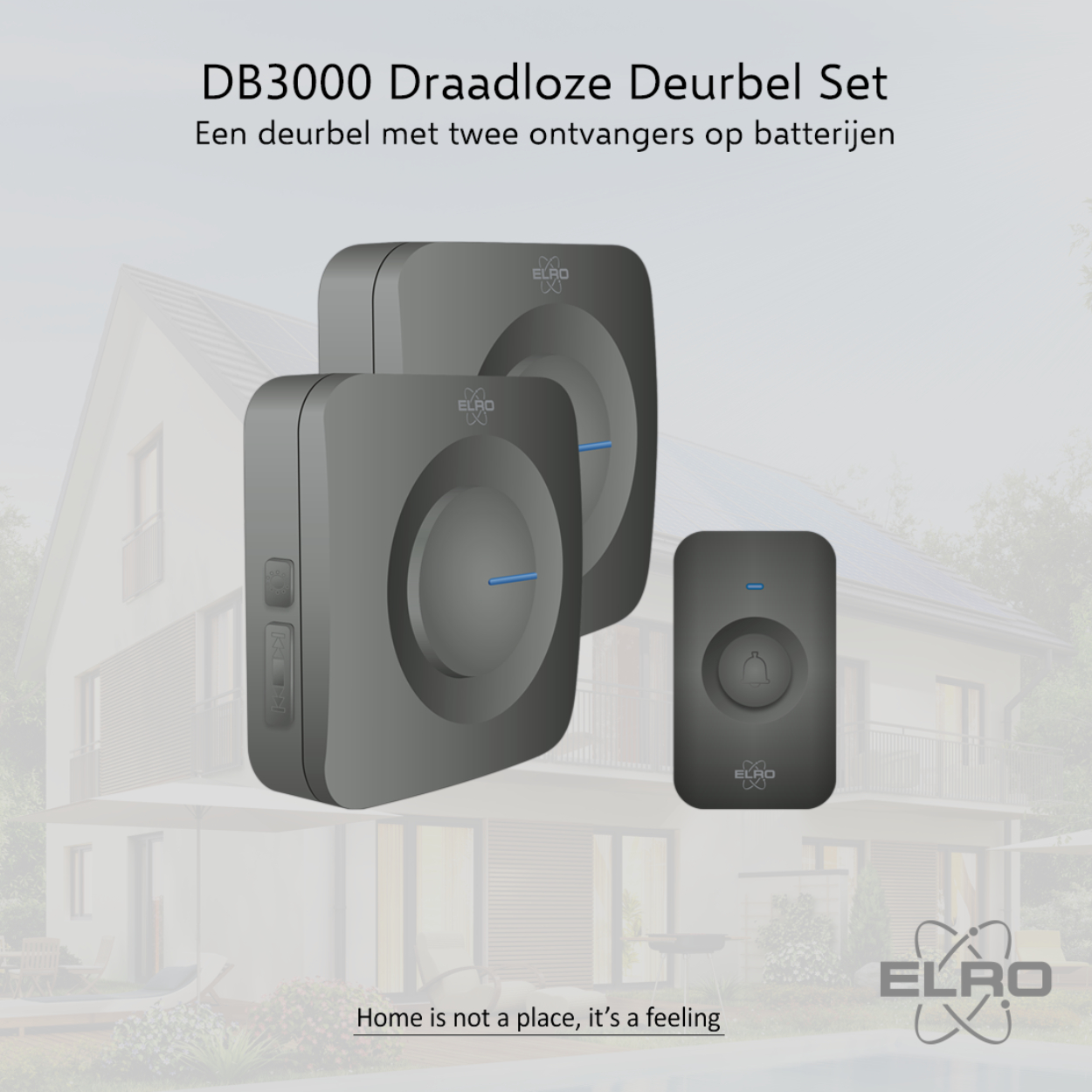 Set campanello wireless con due ricevitori. Design grigio, casa sullo sfondo.