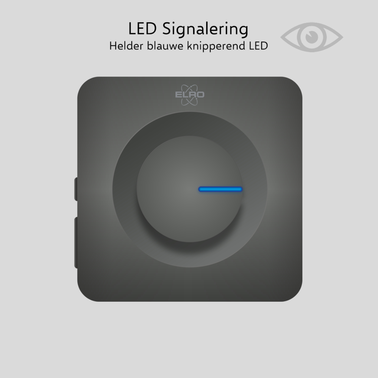 Dispositivo grigio scuro con luce blu. Il testo recita 'LED Signalering'. Un LED blu è acceso.