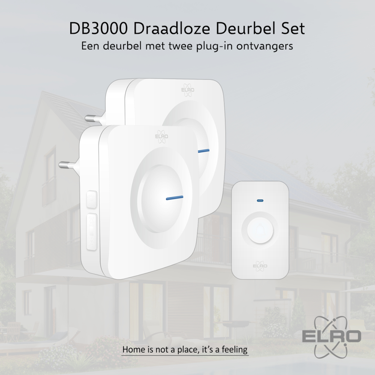 Set campanello bianco, con due prese a muro e il pulsante del campanello, contro un'immagine della casa.