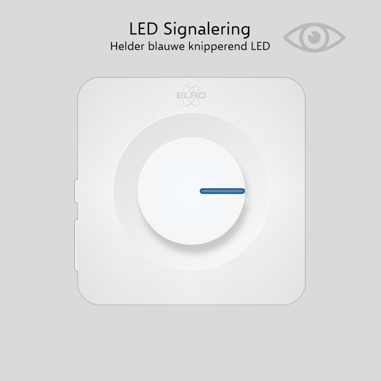 Dispositivo quadrato bianco con linea blu orizzontale. Testo in alto: 'LED Signalering'.